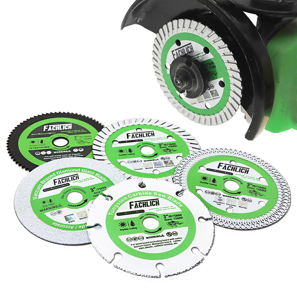 Mini 3 inch Diamond Blades - FACHLICH Cutting Disc and FACHLICH Tile Hole Saw Kit - 12pcs Diamond Core Drill Bits Set 1/4" 5/16" 4/5" 1" 1-3/8" 2" 3" 4" with 4/5" Finger Bit 2" Beveling Chamfer Bit