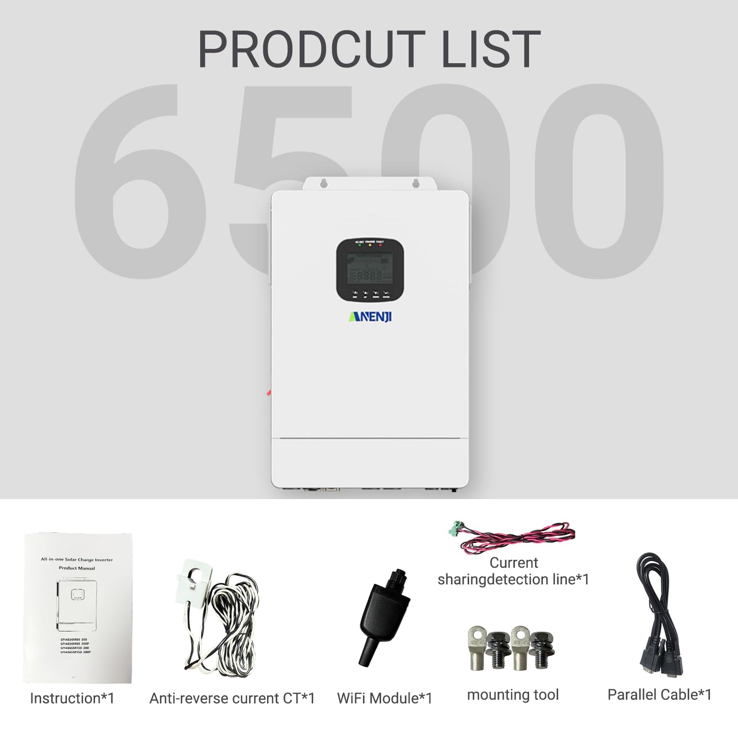6500W Hybrid Solar Inverter 48V,Dual MPPT,300V 60A Charger,Split Phase 120V,Support Parallel Pure Sine Wave Off-Grid+On-Grid Inverter for Home Loads,Lead Acid/Lithium Battery Compatible
