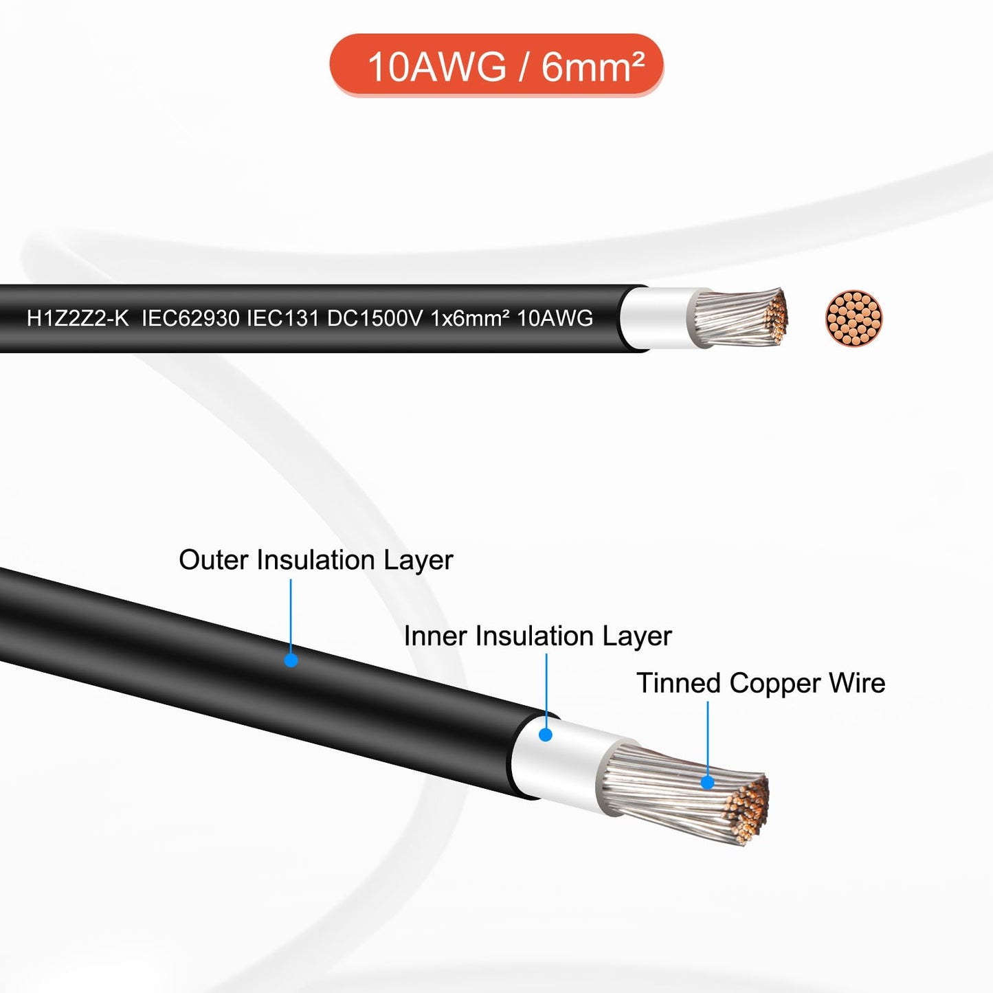 MECCANIXITY Solar Panel Wire 328ft 10AWG 6mm2 Solar Cable Extension Tinned Copper Wire Black for RV Boat Marine Solar Panel