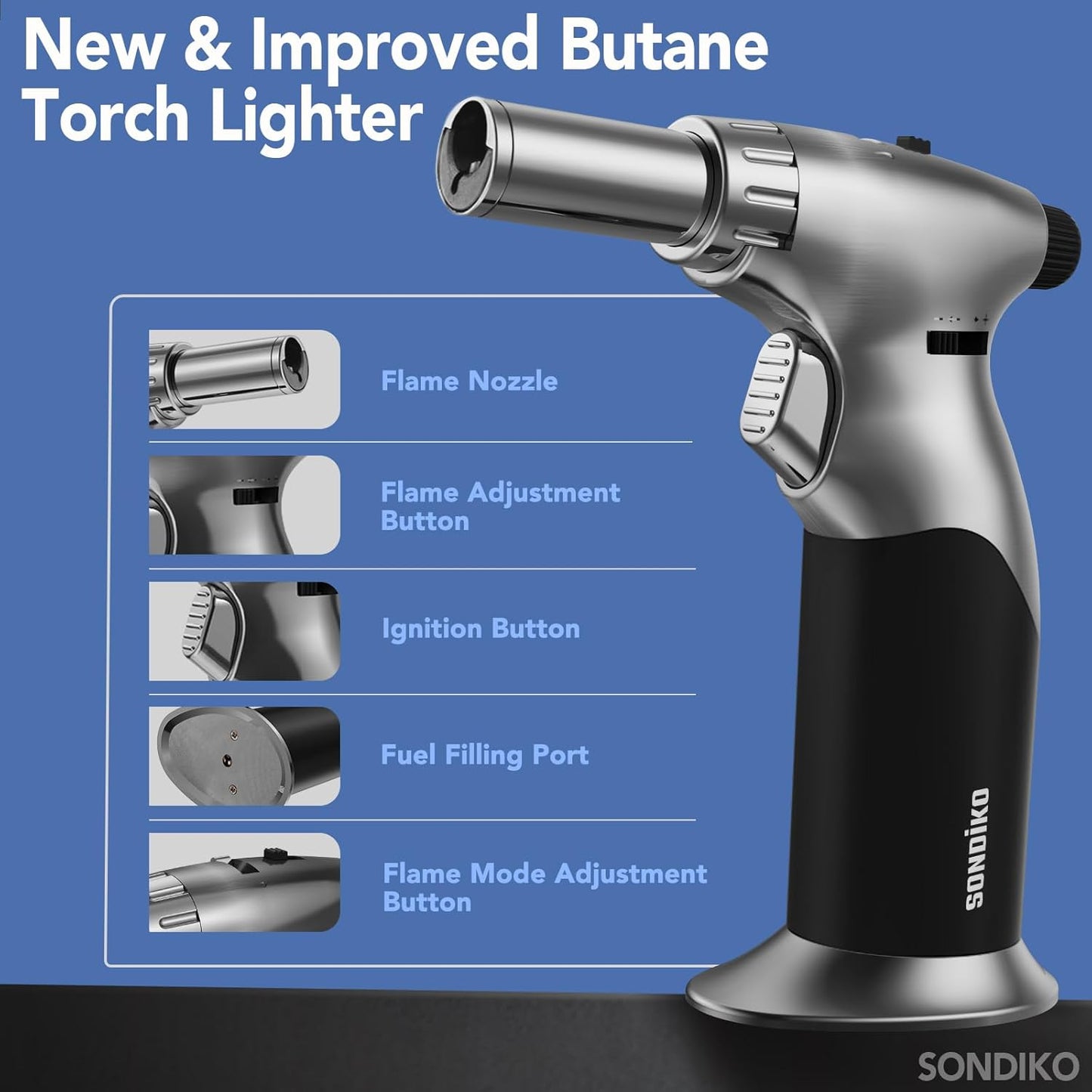 Sondiko Dual Style Butane Torch Lighter - Adjustable Flame Size & Continuous Flame Lock for Cooking | Refillable