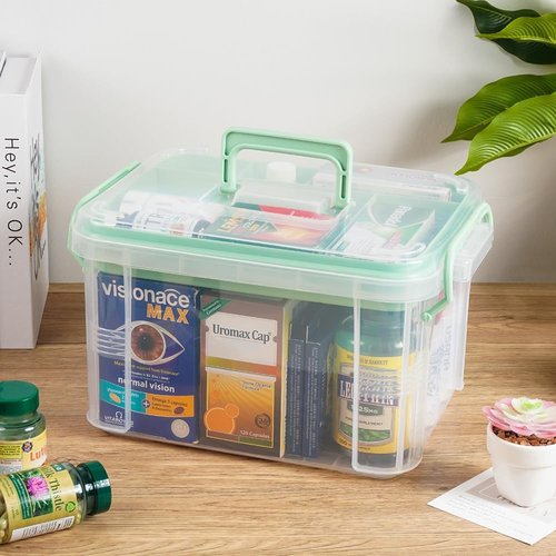 Hey Foly 15Qt Clear Medicine Organizer - Thickened Plastic First Aid Storage Box with Tray & Labels