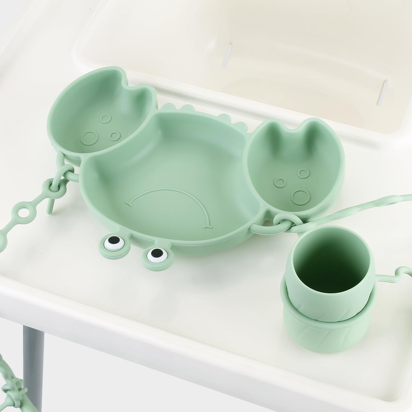 Silicone Baby Feeding Set, 8-Piece Baby Led Weaning Supplies Included Toddler Suction Plate, Bowl, Cup, 3 Spoons & 2 Safety Straps Keep Spoon, Fork & Bottle Off The Floor for Self-Feeding (Green)