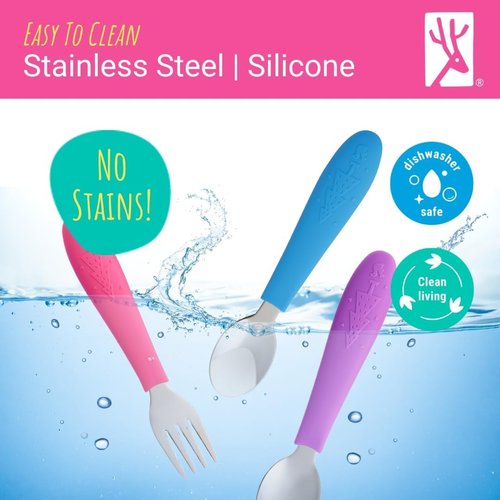 Elk and Friends Kids Silverware Set - Safe Silicone Handle Toddler Utensils | 6-Piece Stainless Steel Flatware