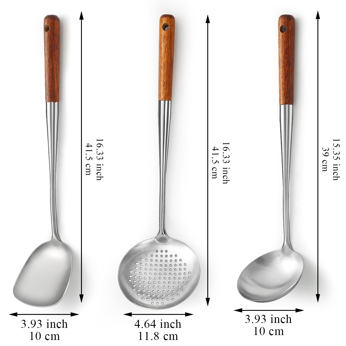 Evanda Wok Spatula Set 17", Heat Resistant Wood Handle Stainless Steel Wok Tools, Ladle, Metal Spatula, Kitchen Skimmer, Professional Kitchen Cooking Utensils Set, Wok Accessories Dishwasher Safe