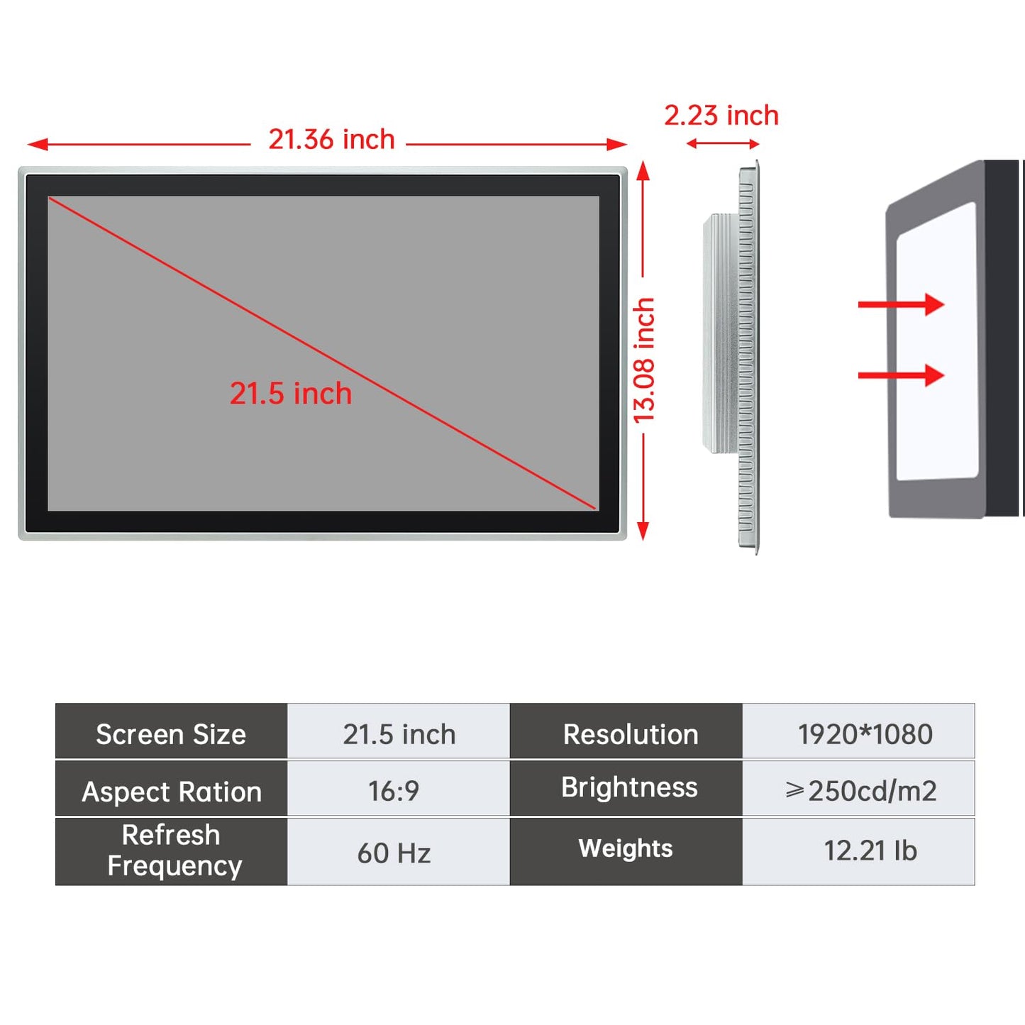 IRXSEE 21.5-Inch Industrial Embedded Panel PC, Ratio 16:9 Multi-Touchscreen-Monitor,Industrial Touch Screen Panel Computer,WiFi & Built-in Speakers,IP65 Front,Win 11 I7 RAM 8G+512G SSD