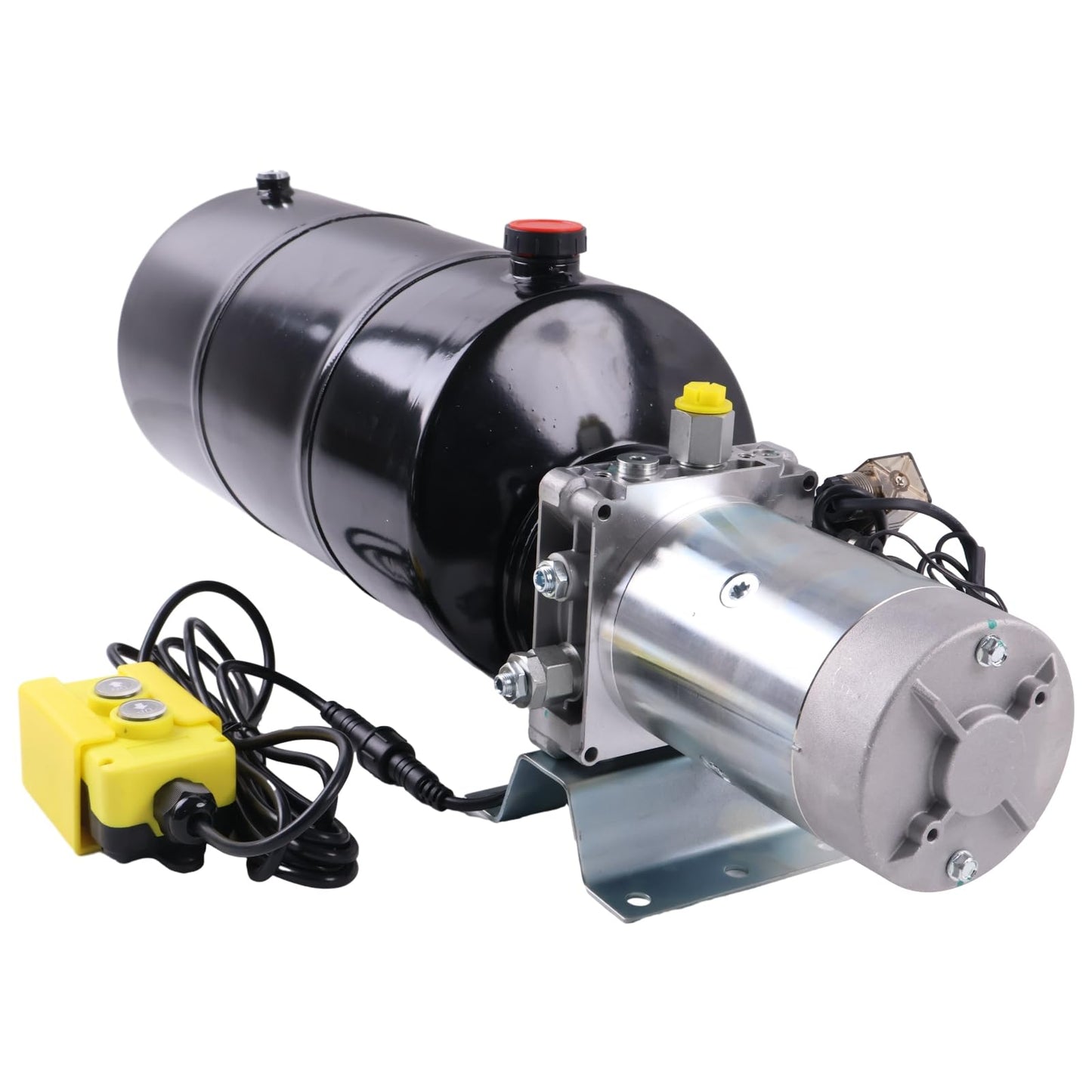 Solarhome 12V DC Single Acting Hydraulic Power Unit 1.6KW 2600PSI 1.1GPM Steel Tank 12 Quart(3 Gal) with Remote Control 8Ft Long Flange with 4 Holes Through SAE 8 Ports