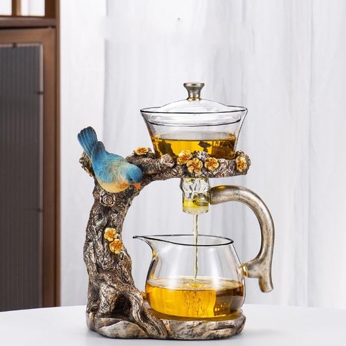 Fire Kirin Glass Teapot Set Animal Bird Design Semi-automatic Drip Rotating Bowl with Infuser Lazy Kungfu Tea Pot Set (teapot)