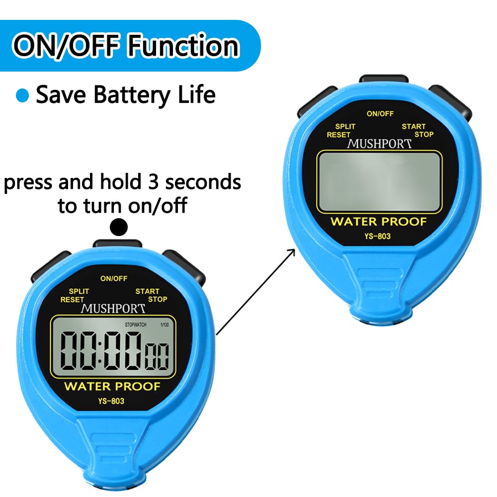 MUSHPORT Waterproof Stopwatch Timer Only Stopwatch Mode, ON/Off Silent Large Display Simple Operation, Without Clock Date Countdown, Digital Stop Watch for Sports Coaches, Blue