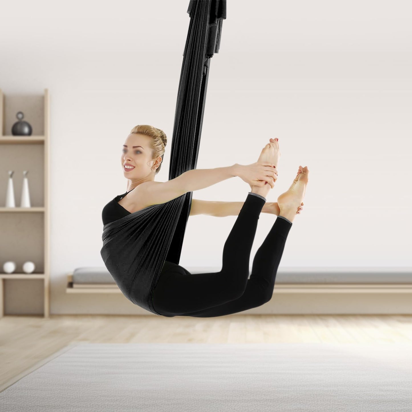 Aerial Yoga Hammock Aerial Yoga Swing Sling with Install Accessories Aerial-Silk Starter Kit Hammock Practice Kit for Pilates, Inversions, Stretching 440.92lbs Capacity (16.40 * 8.53ft, Black)