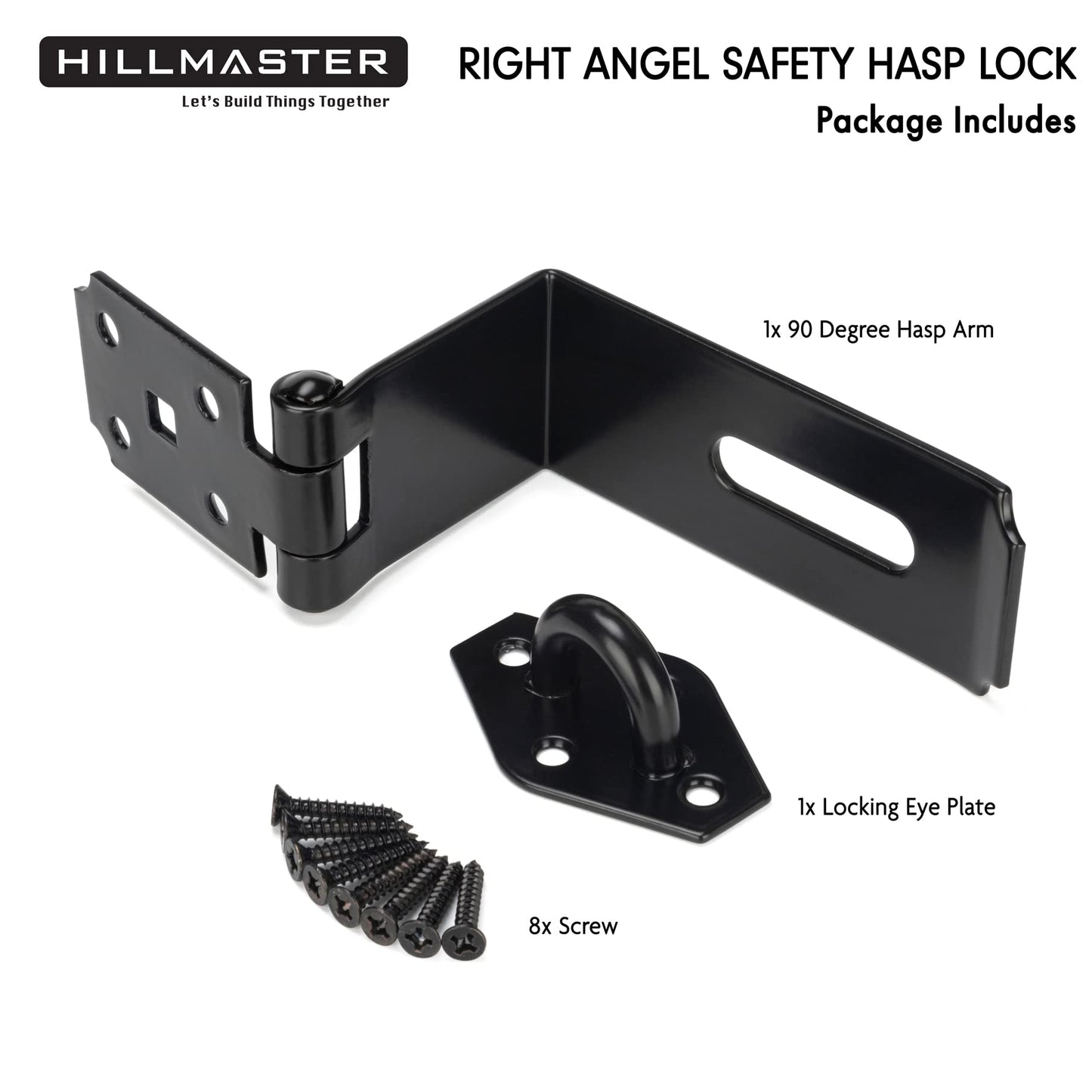 HILLMASTER Door Hasp Latch 90 Degree, 7-3/4" Extra Thick Heavy Duty Steel Safety Gate Door Lock Padlock Clasp Hasp Lock Latch for Fence Gate Barn Door Shed Closet Cabinet, Black Finish