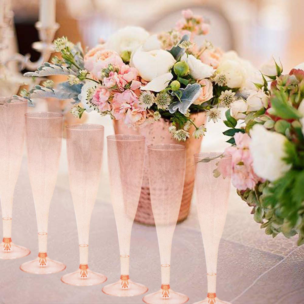 Homy Feel Rose Gold Glitter Plastic Champagne Flutes 30 Pack, 6.5 OZ Disposable Plastic Wine Glasses, Reusable Champagne Glasses, Mimosa Bar Glasses for Bridal Shower Birthday New Year Christmas