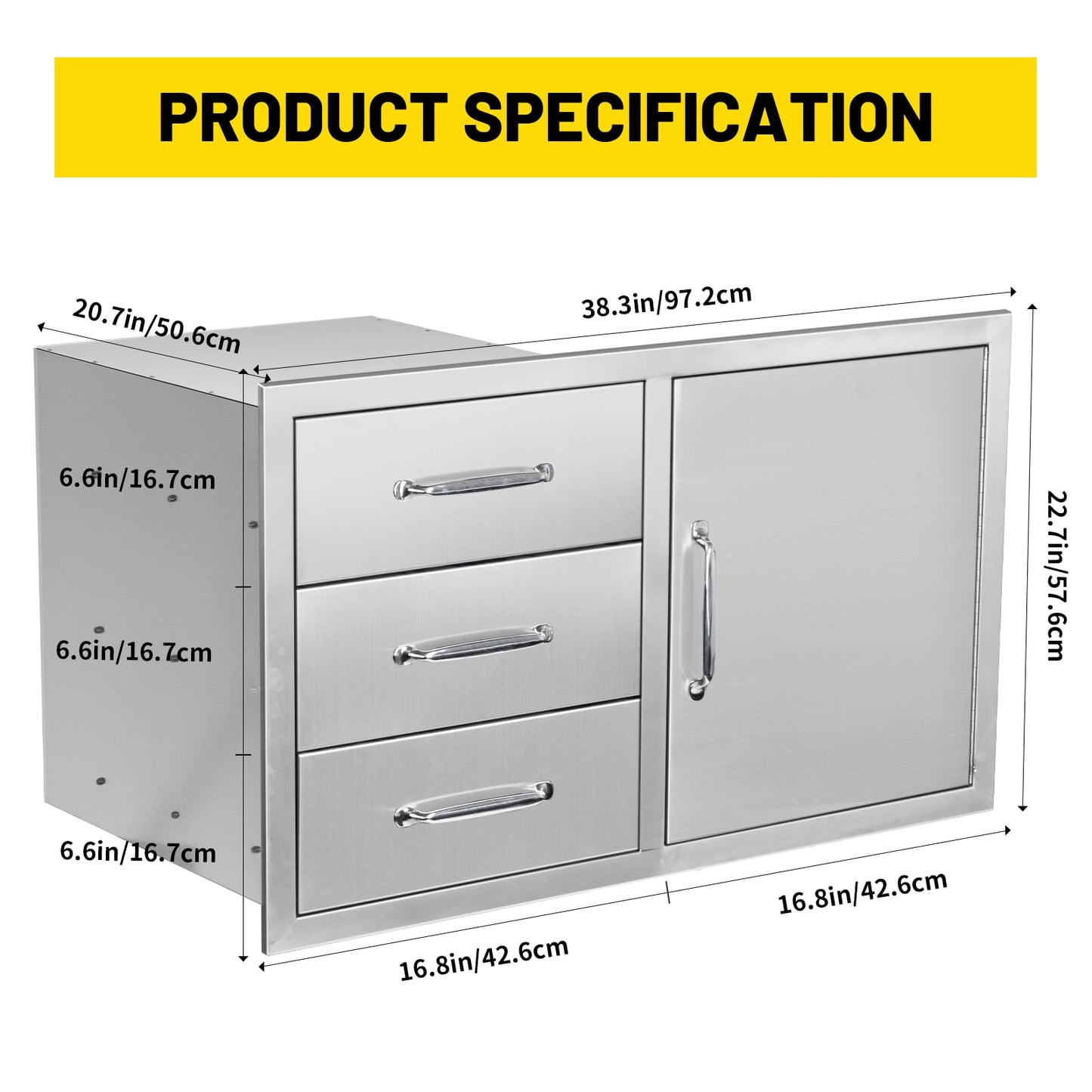 SGOLAN Outdoor Kitchen Door Drawer Combo Cabinet 38.1W x 22.6H x 20.8D BBQ Access Door&Triple Drawers Combo, Stainless Steel Handles for Outdoor Kitchen Island