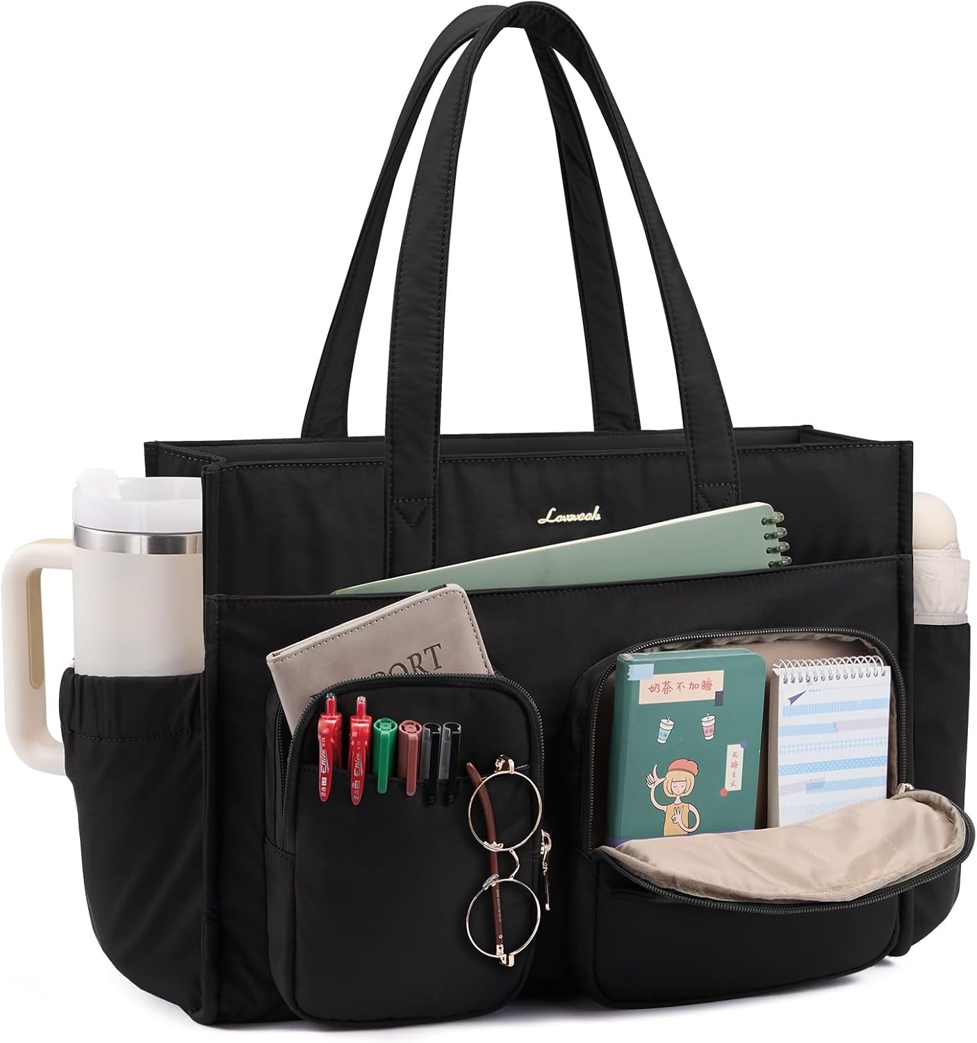 LOVEVOOK Teacher Tote Bag for Women,Multi-pocket Laptop Bag with Large Cup Holder,Nurse Bags Work Travel Computer