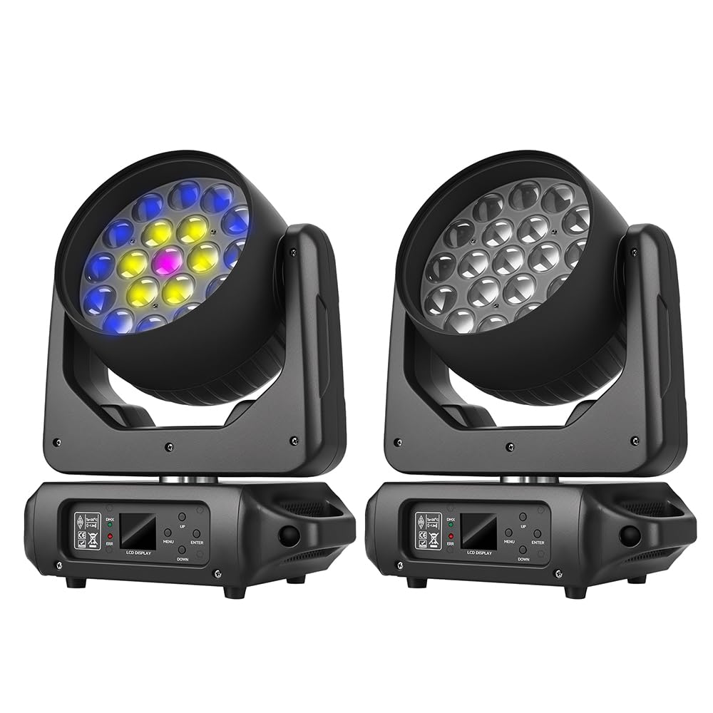 MINGJIE 19x15W Moving Head Stage Light,RGBW 4-in-1 LED Zoom Beam Wash Strobe Effect,DMX Sound Activated,540° Pan 270° Tilt,Professional DJ Lighting for Club Wedding Party Bar (Luces para) (1Pack=2pcs)