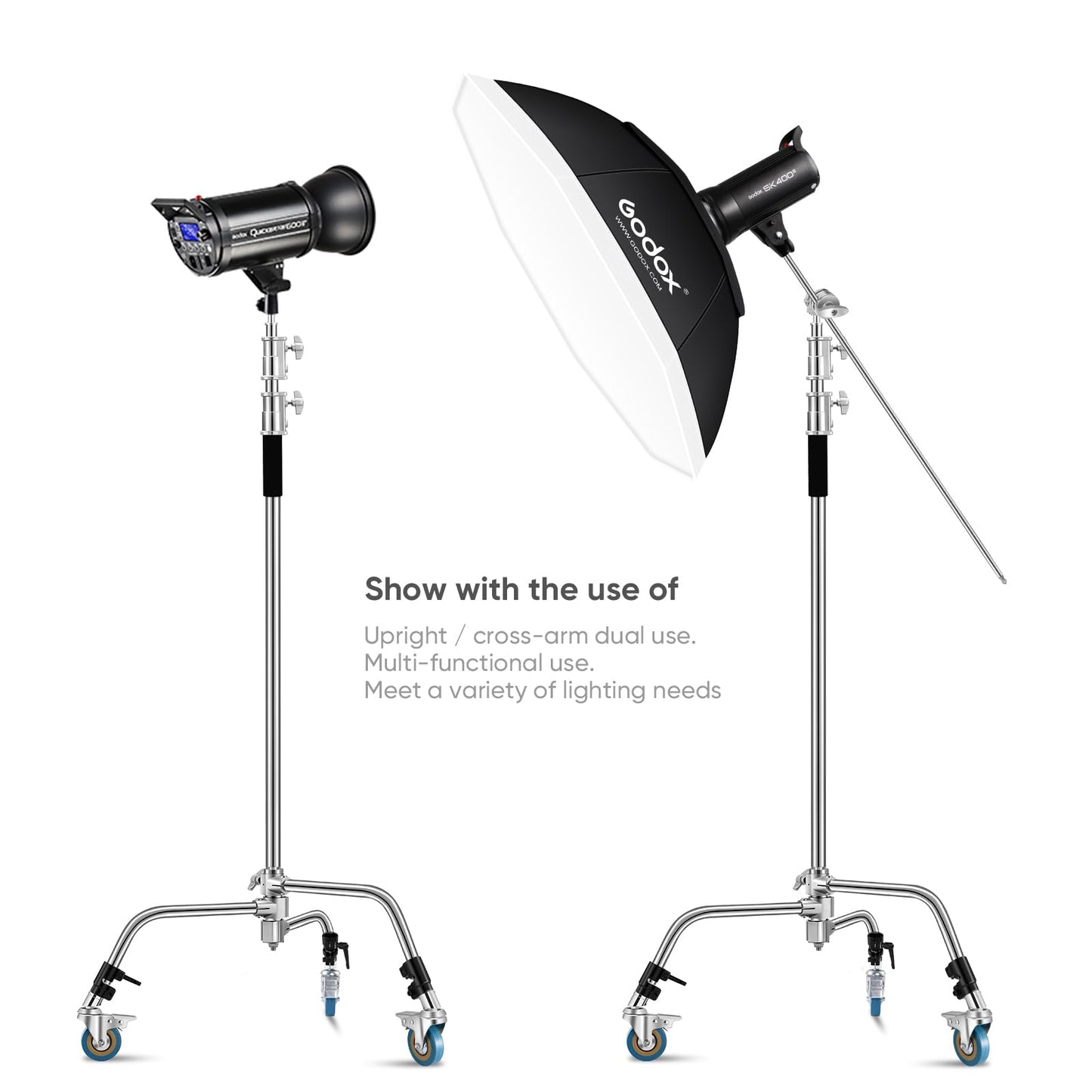 Heavy Duty C Stand 11.3ft/345cm Light Stand with 4.2ft/128cm Boom Arm Wheels Sturdy Stainless Steel Century Stand for Photography Studio Video Reflector, Umbrella, Softbox and Monolight