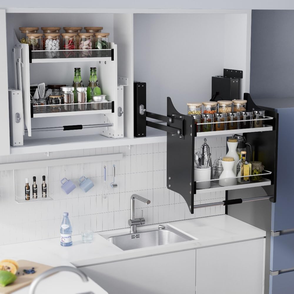 MIYUPTC Pull Down Shelf, Kitchen Wall Cabinet Upper Storage Organizer, 2 Tier Kitchen Shelf Spice Rack, 22-24 Inch Width, Black