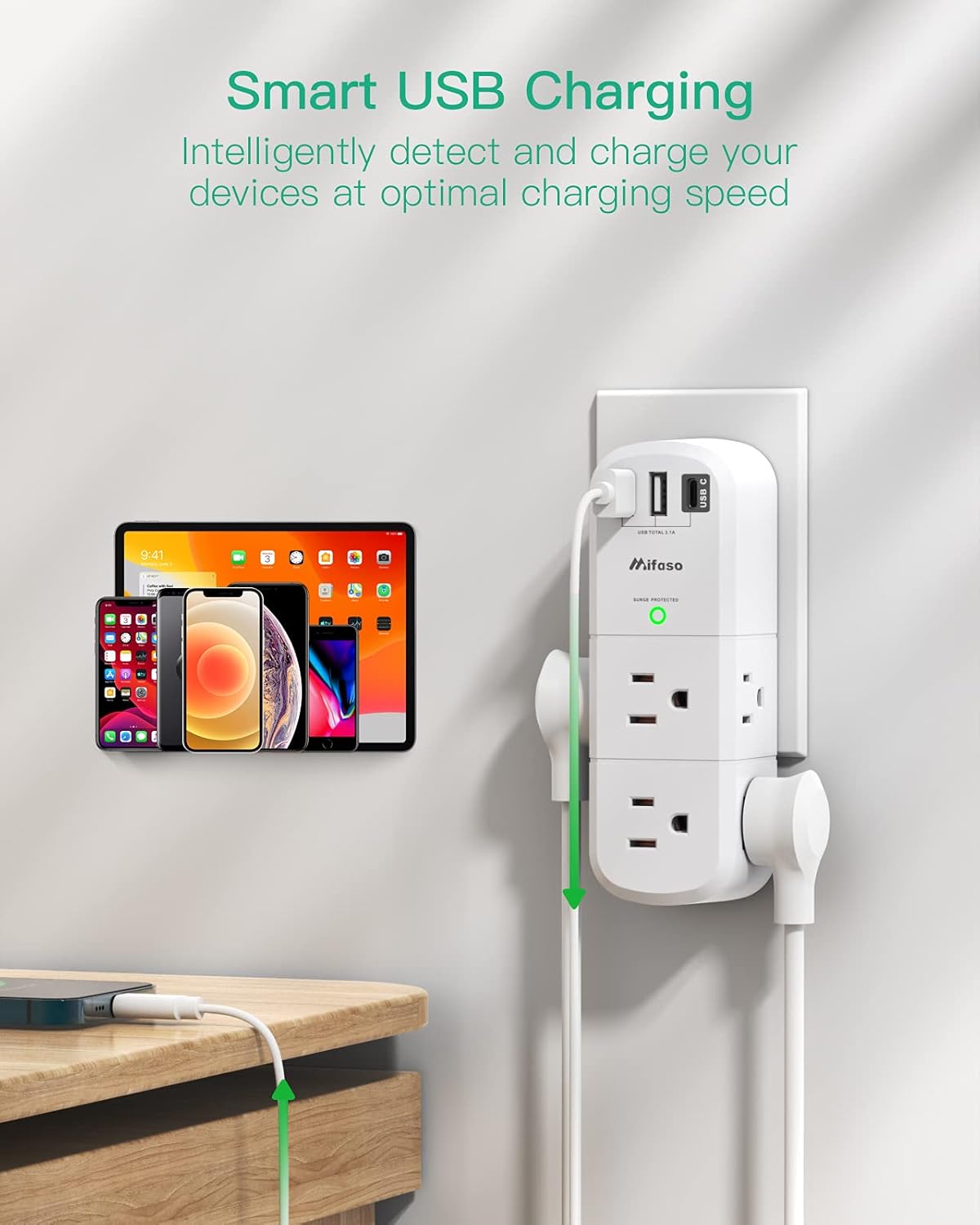 Mifaso 6 3 1800 3-Sided Outlet Extender with Rotating Plug, Surge Protector AC Multi Plug Wall Outlets and USB Ports