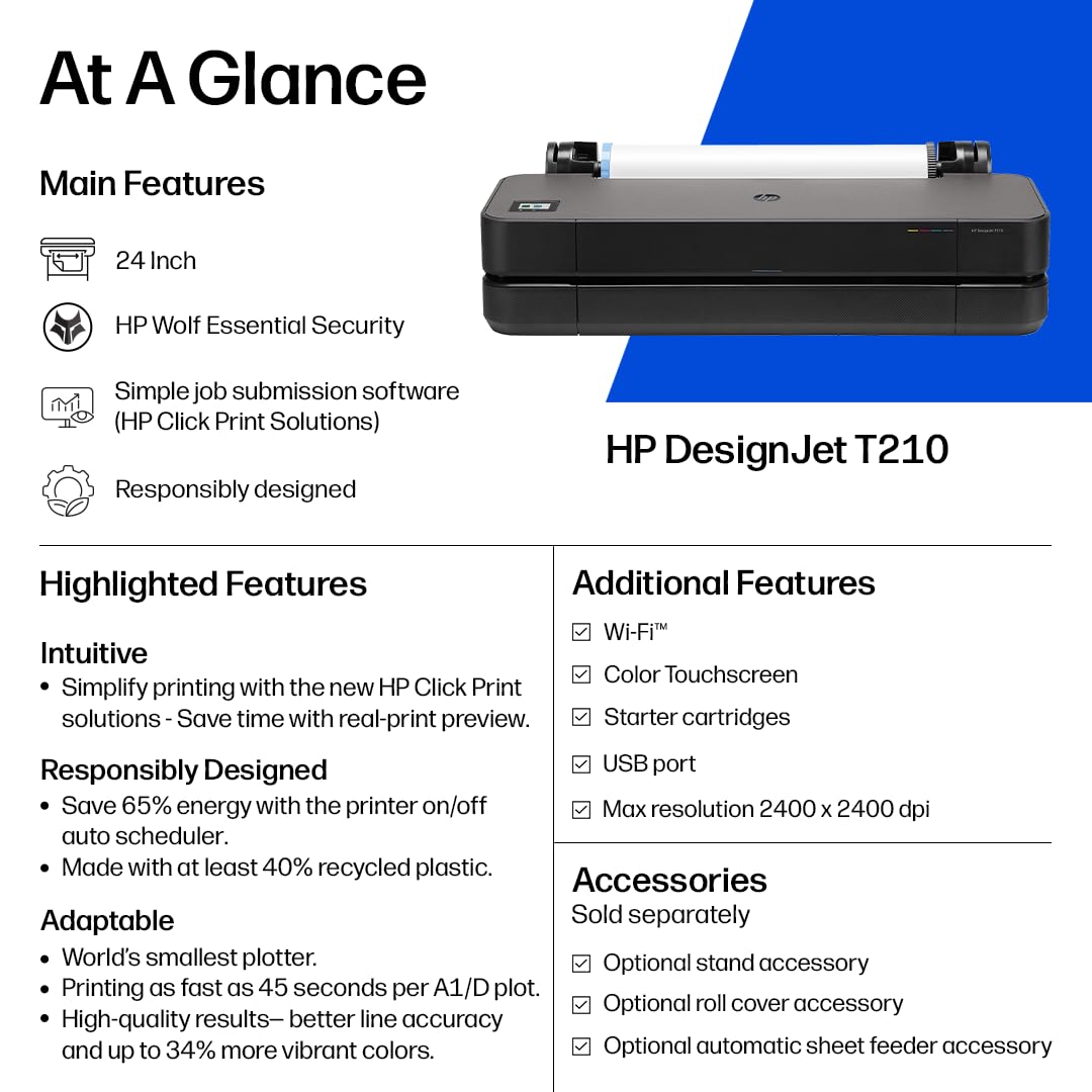 HP DesignJet T210 Large Format 24-Inch Plotter Printer for Easy CAD & Poster Prints (8AG32T), Includes 2-Year Warranty & Support