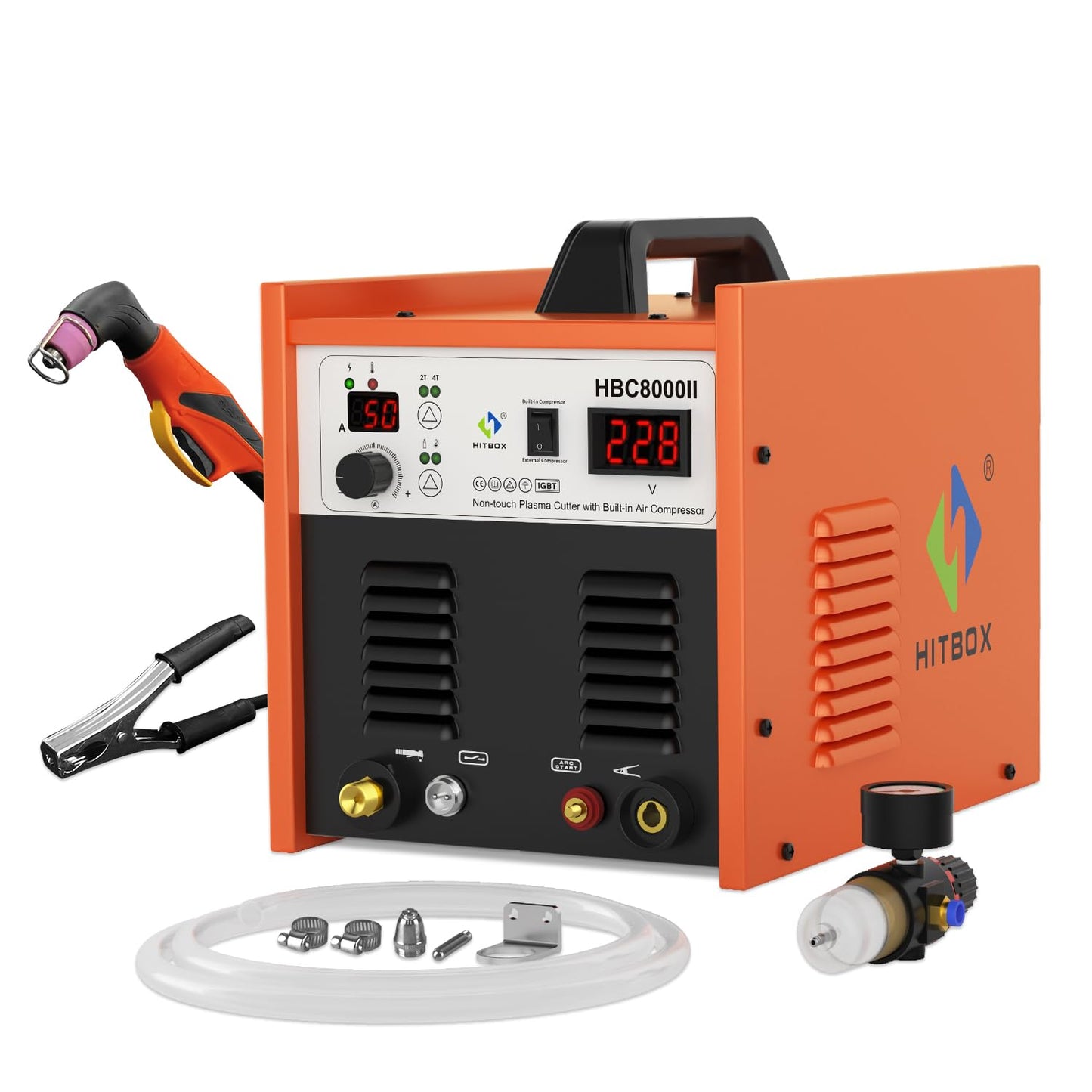 HITBOX Plasma Cutter with Built-In Air Compressor, Non-Touch Pilot Arc 50 Amp 220V Digital Inverter IGBT Clean Cut Plasma Cutting Machine
