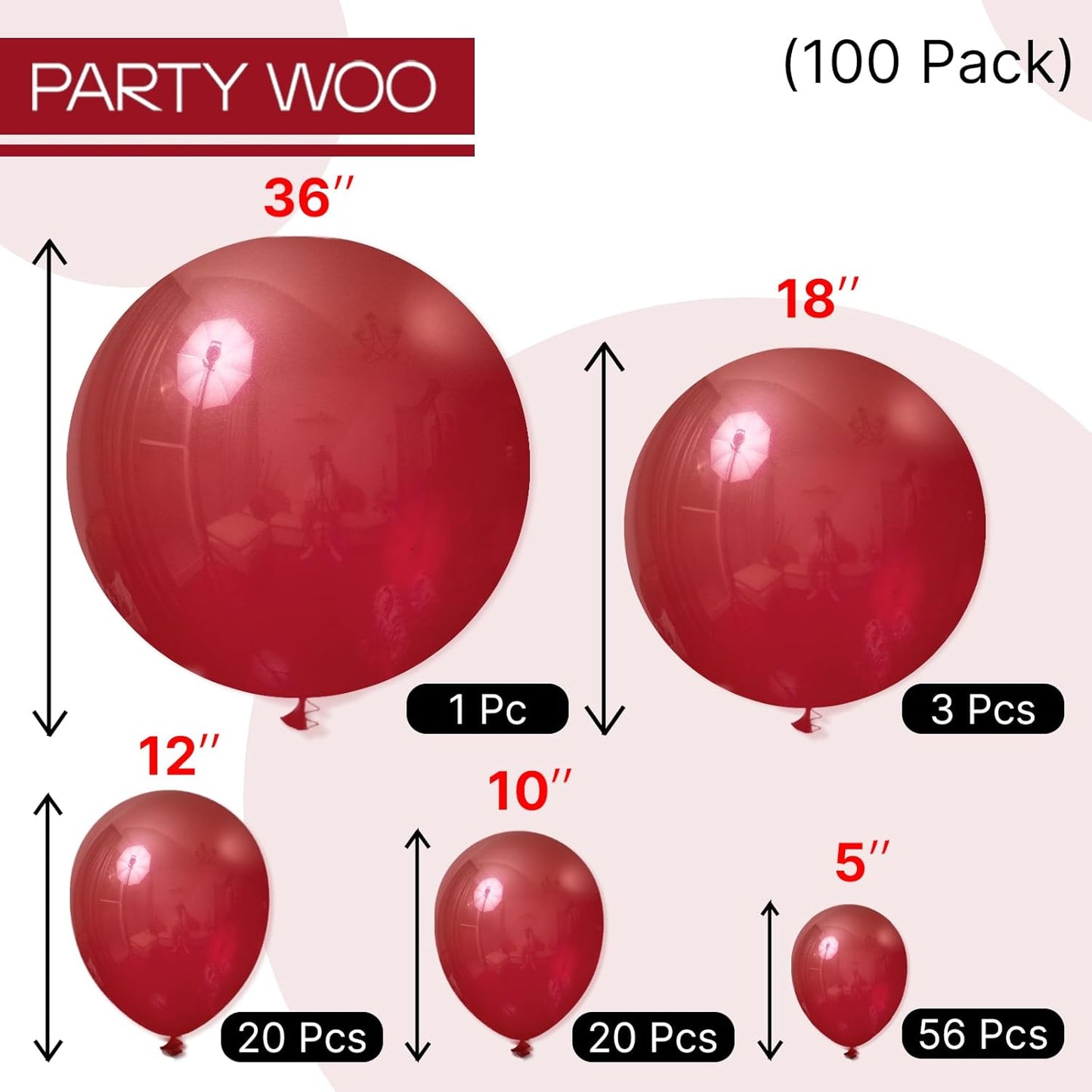PartyWoo Maroon Balloons - 100 Pcs Dark Red Burgundy Arch Kit | Various Sizes for Graduation & Weddings