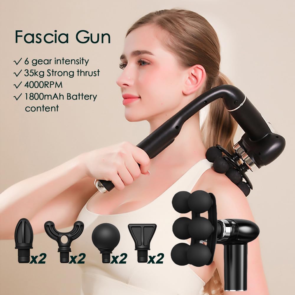 IeBilif Massage Gun with Extension Handle, Handheld Foot Back Neck Shoulder Massager with 6 Adjustable Speeds & Modes and 5 Replaceable Heads for Gym & Home Use, Birthday Gifts for Men