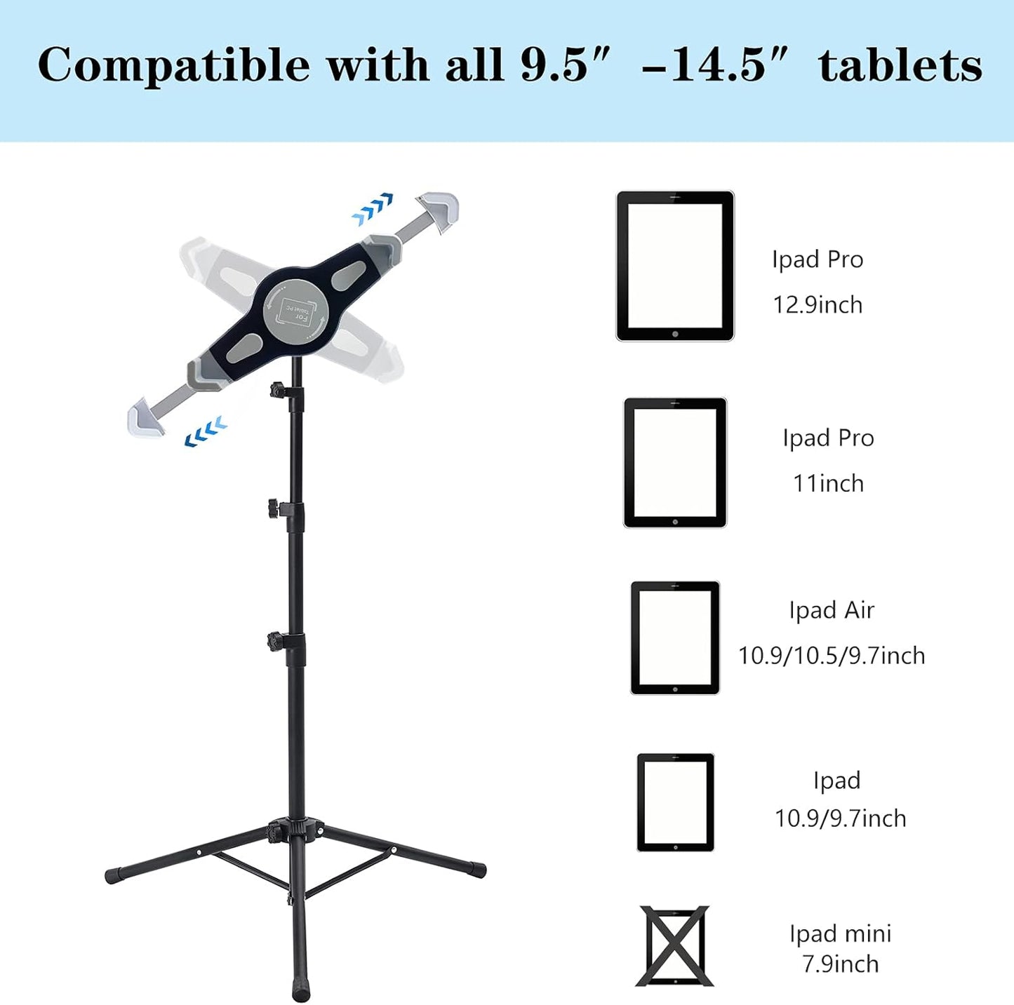 Raking 360 Pro12.9, 9.5-14.5 Inch Ipad Tripod Stand, Height Adjustable iPad Stand Floor, Tablet Holder Stand