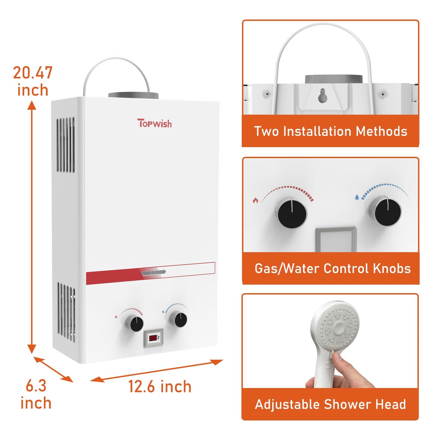 TOPWISH Portable Propane Water Heater Tankless, 8L 2.11GPM Instant Gas Hot Water Heater 54,500 BTU with Digital Display Handle Overheating Protection for Outdoor Camping RV Cabin Shower