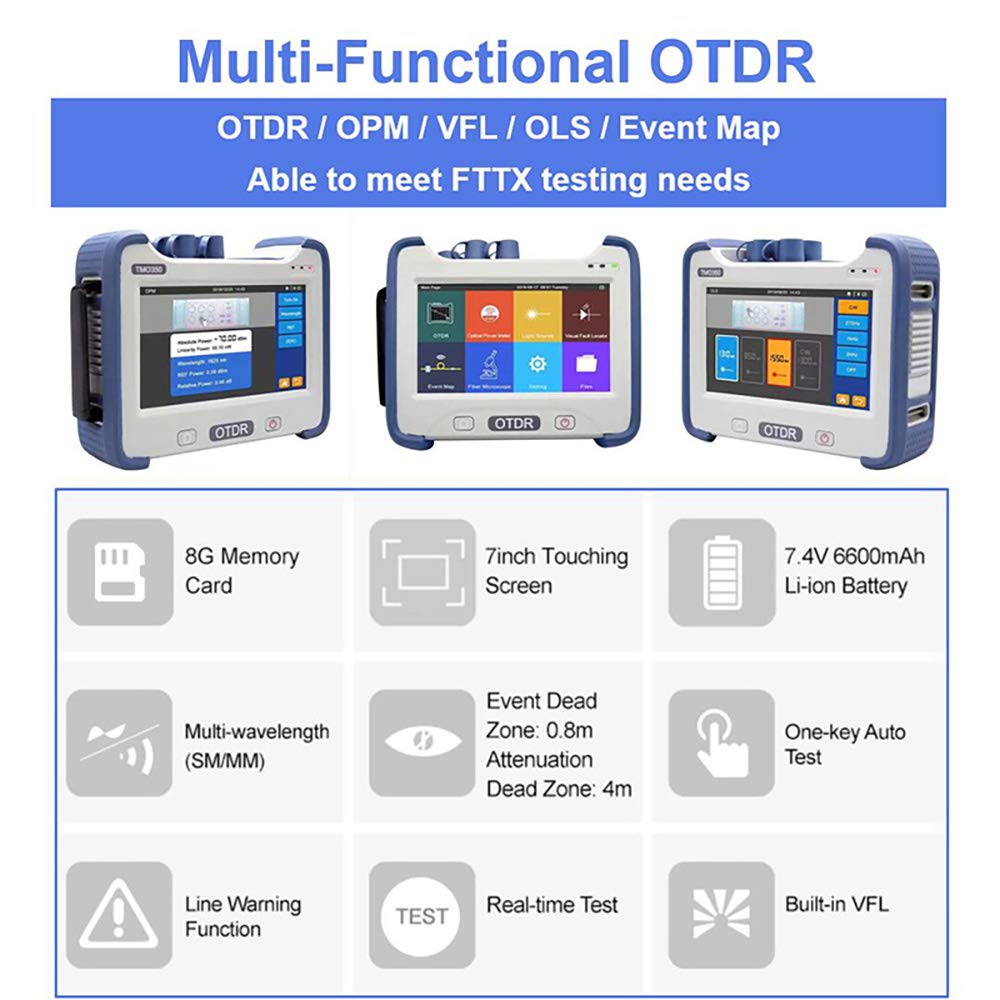 QIIRUN OTDR Fiber Optic Tester SM 1310/1550nm 32/30dB, Optical Time Domain Reflectometer with 0.8m Dead Zone 160km Range, 7-inch Touchscreen, OPM VFL OLS Event Map, Multifunctional Test Kit