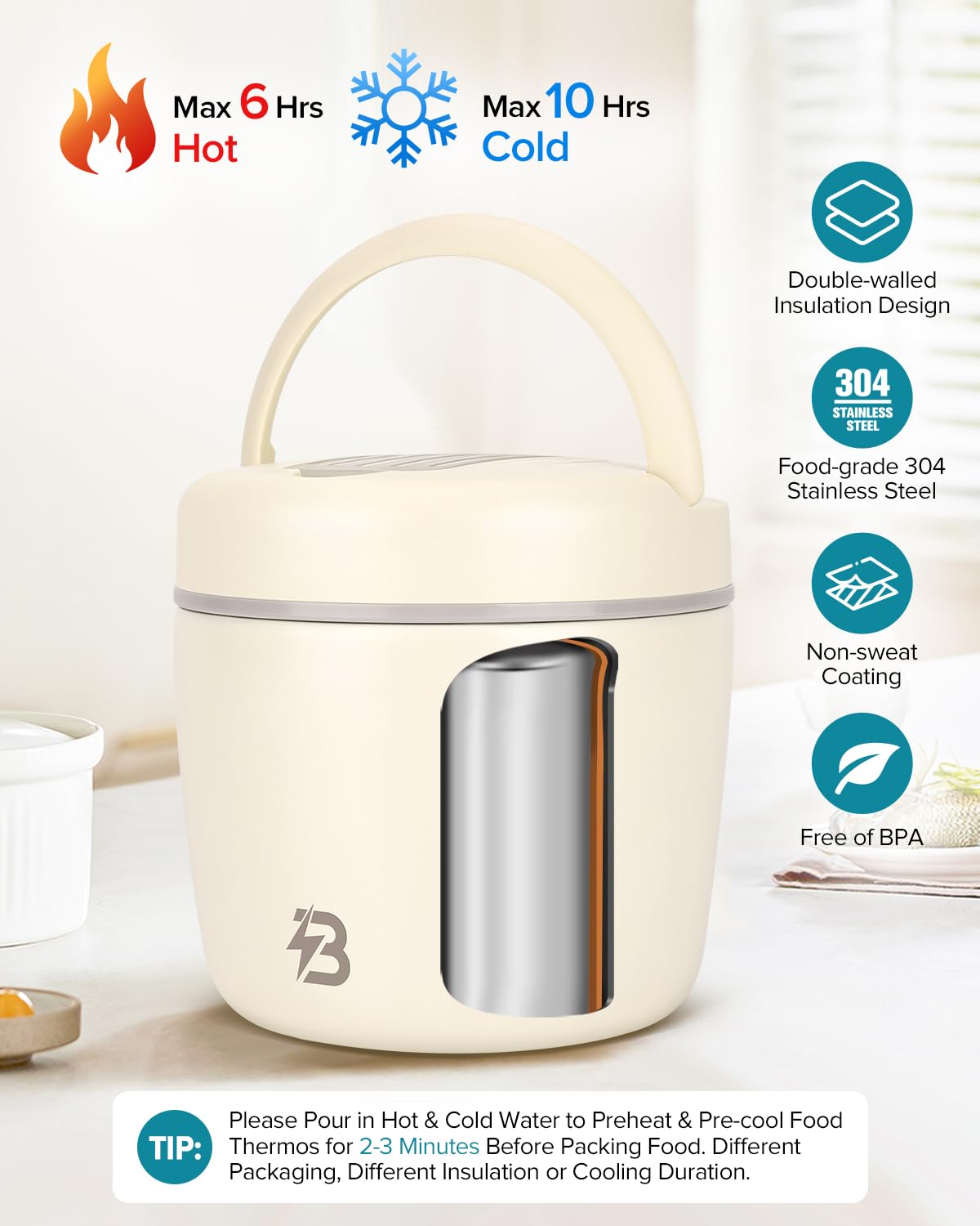 TSAKBAM Thermo for Hot Food for Adults, 40OZ Wide Mouth Insulated Food Jar with Spoon, Leak Proof Stainless Steel Lunch Soup Thermo for Food (White)