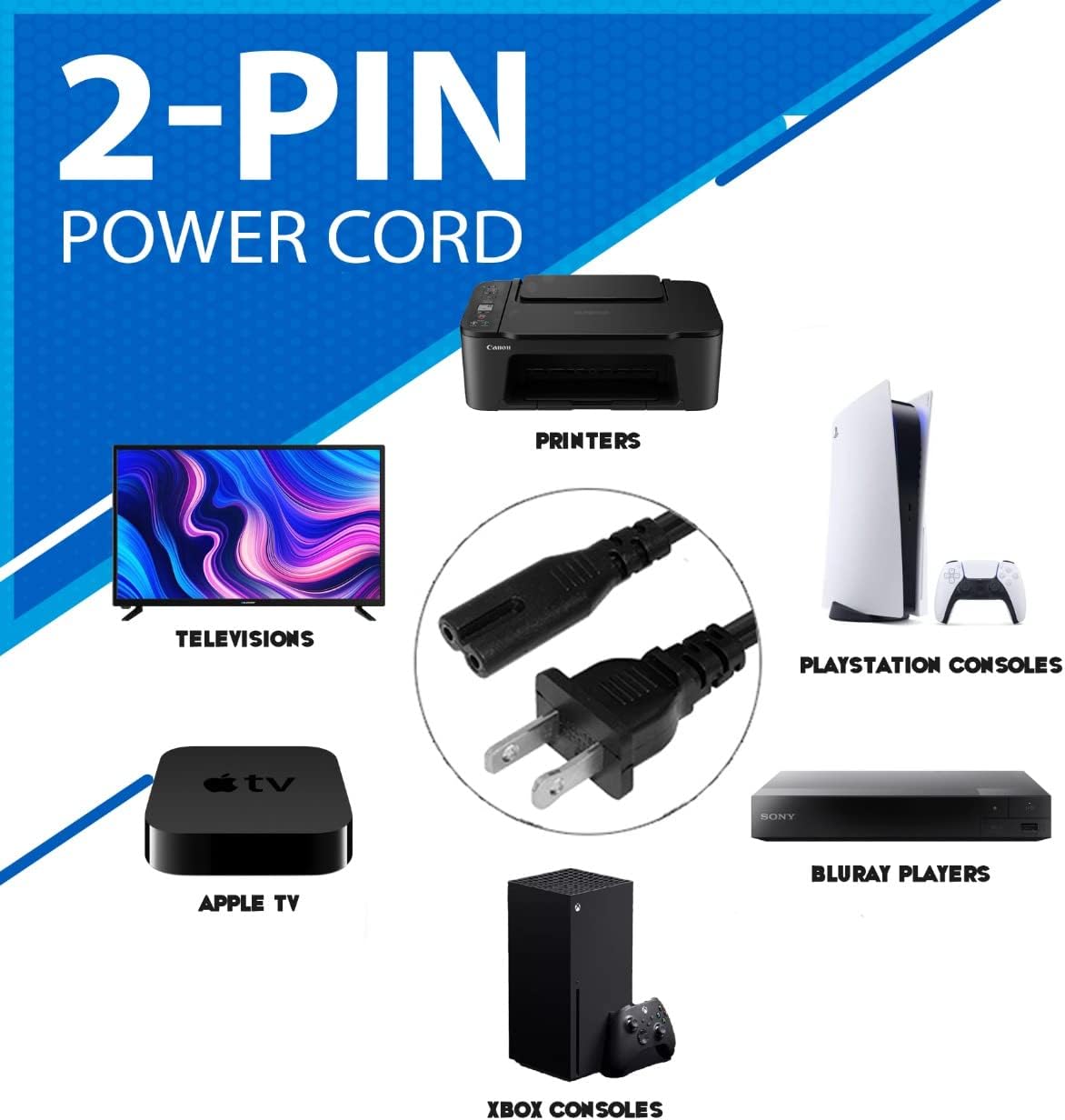 LORDTRONICS 2 C8 5ft 2-Slot PS4 PS5 AC Prong Power Cord Standard for TV Speaker Monitor Xbox Wall Power Cable