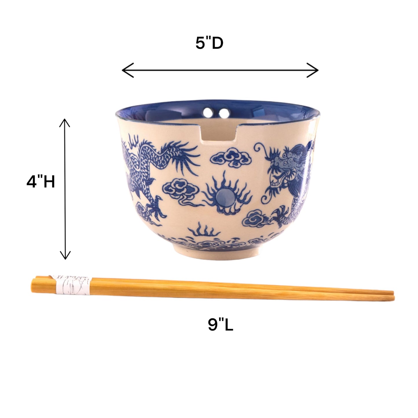 Urban Tokyo Handpainted Ceramic Glazed Japanese Ramen Udon Noodle Rice Bowl With Chopsticks 20 fl oz 5 inch Diameter Bowl Sets Color Box Packaging (Oriental Dragon Blue)