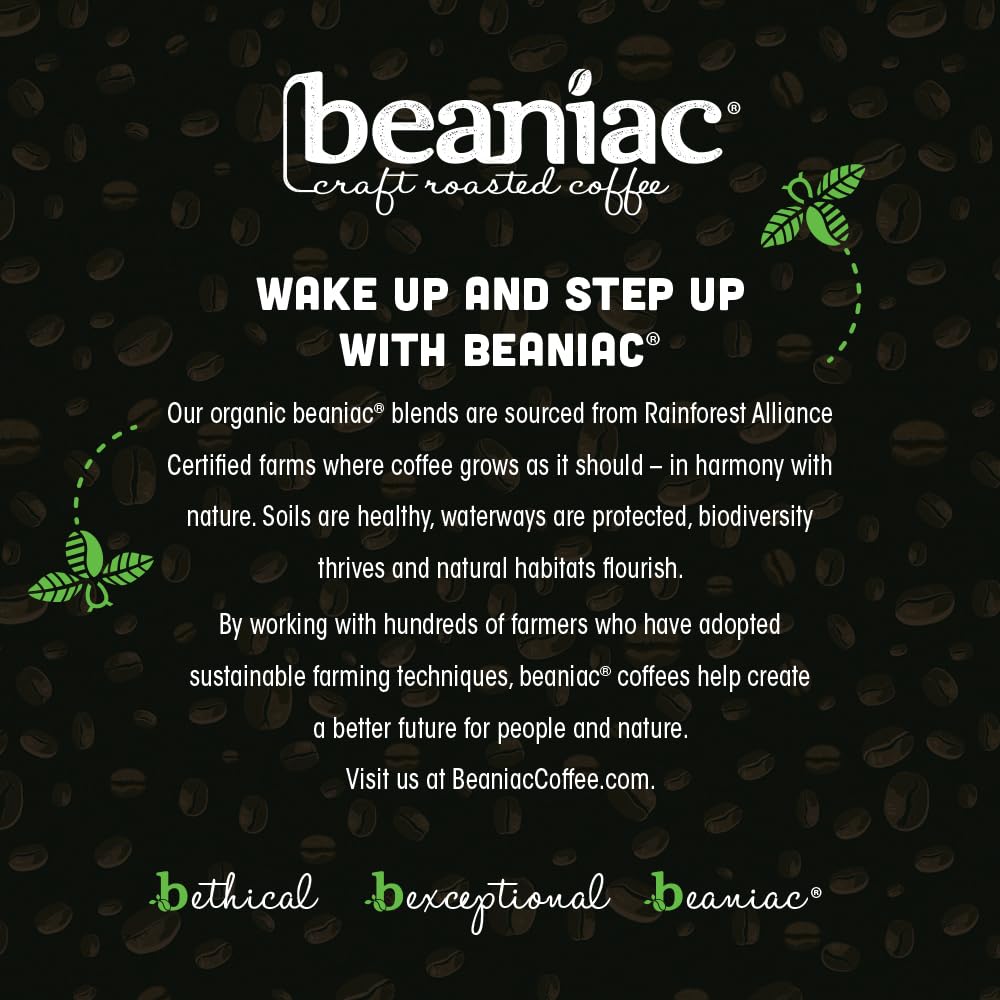 beaniac Organic Bean Me Up Coffeehouse Blend, Medium Roast, Single Serve Compostable K Cup Coffee Pods, Organic Arabica Coffee, Keurig Brewer Compatible, 30 Count