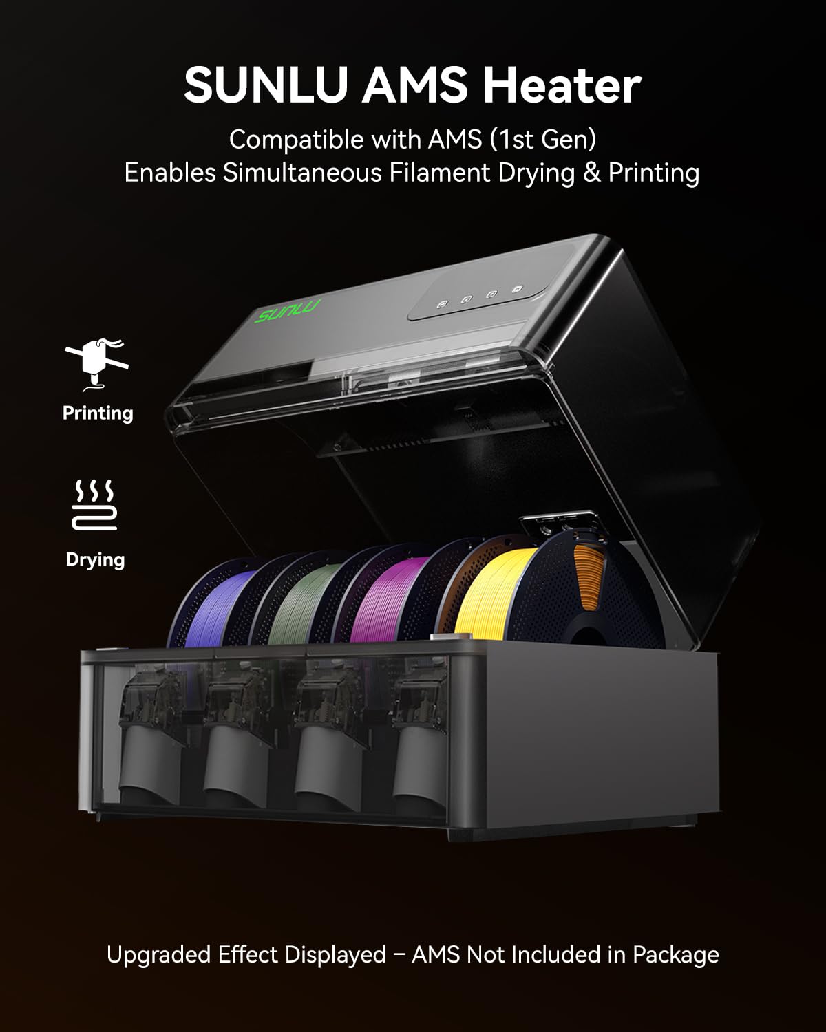 SUNLU AMS Heater, Compatible with Bambu lab AMS Gen 1 – Enables Simultaneous Printing & Drying, Easy Installation, Fast Heating to 70°C, 4-Spool Capacity Filament Dryer (Not Included AMS)