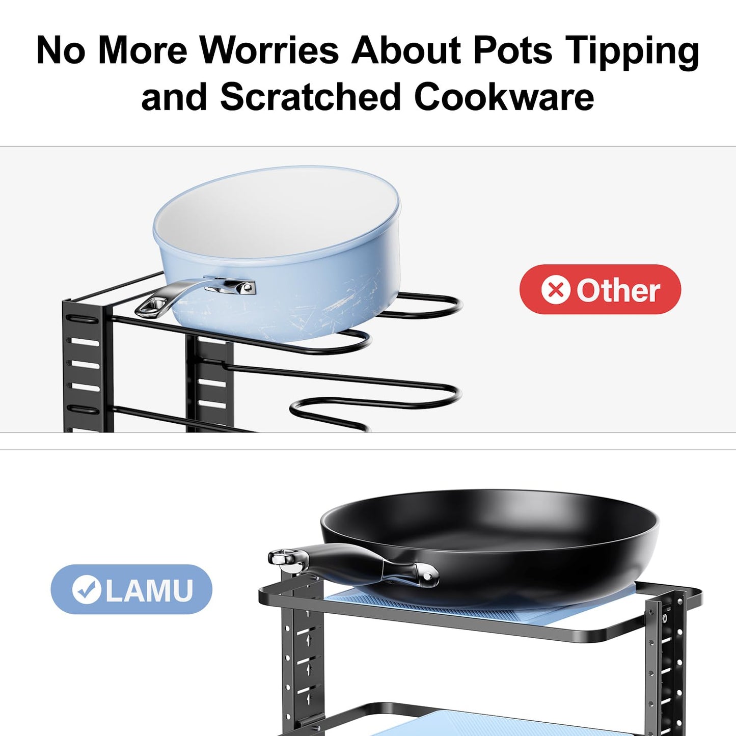 LAMU Pots and Pans Organizer for under Cabinet, 6-Tier Heavy Duty Pan Pot Organizers inside Cabinet Adjustable 14 to 24.57", Pot Rack Kitchen Cabinet Organization and Storage Holds up to 12" Cookware