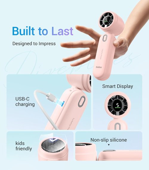 Diveblues Handheld Turbo Fan - USB Rechargeable Portable Pocket Fan for Travel & Outdoor Use | Pink