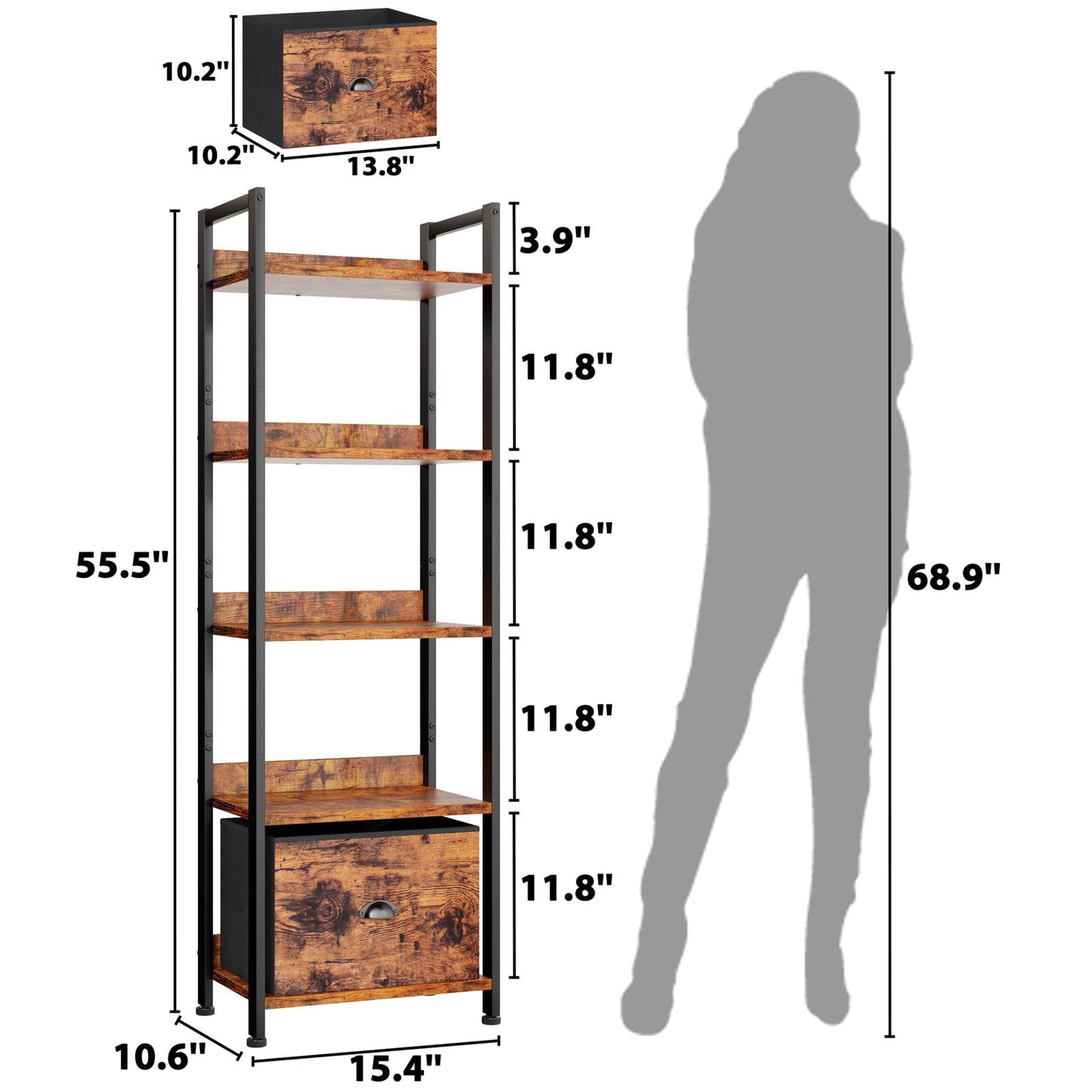 Furologee 5 Tier Bookshelf with Drawer & Console Table with Charging Station, 3 Drawers and LED Light