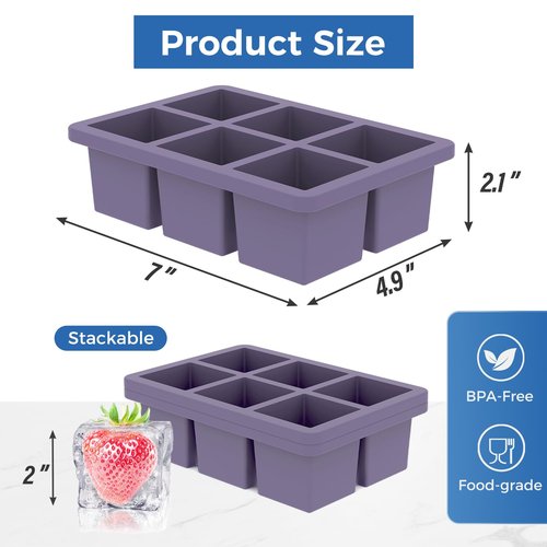 mossime Silicone Ice Cube Tray: 2pack Square Whiskey Large Ice Cube Molds - Old Fashioned Ice Cube Trays with Lid - 2inch Easy Release Big Freezer Mold for Cocktail Baby Food Soup & Juice