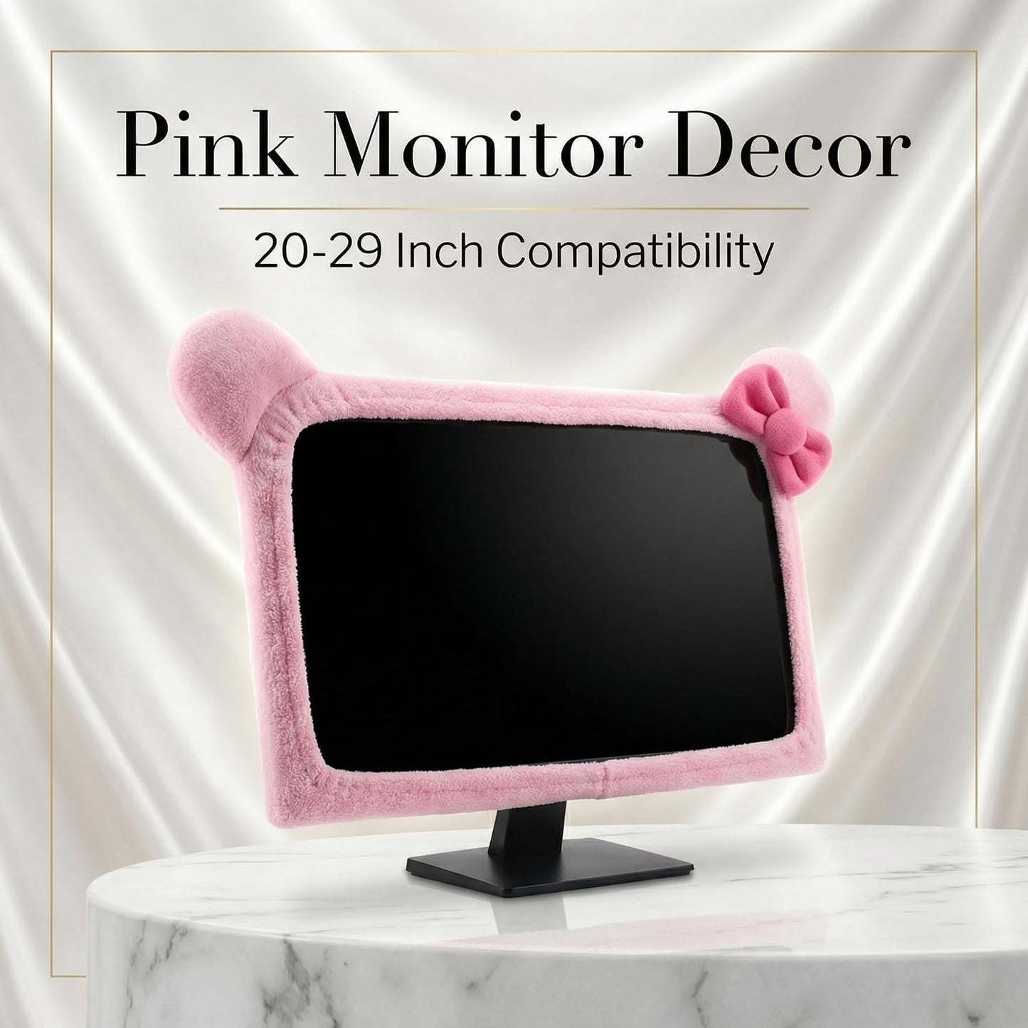 1 20-29 Inch Pcs Cute Cat Ear Computer Monitor Cover, Kawaii Pink Dustproof Screen Protector for Display, Soft Elastic