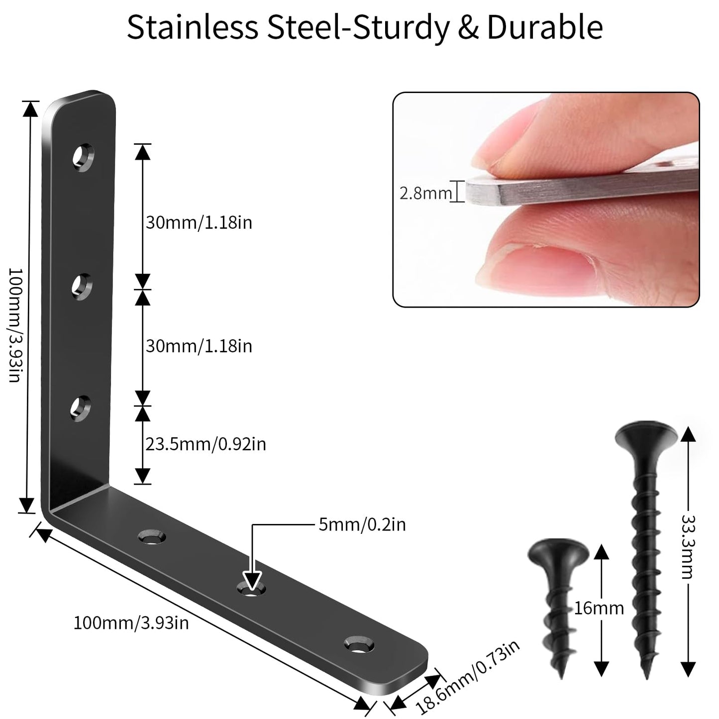 YUMORE L Bracket, 4x4 Inch Max Load: 25lb/12kg Heavy Duty Stainless Steel Solid Shelf Support Corner Brace Joint Right Angle Bracket, Pack of 4, Black