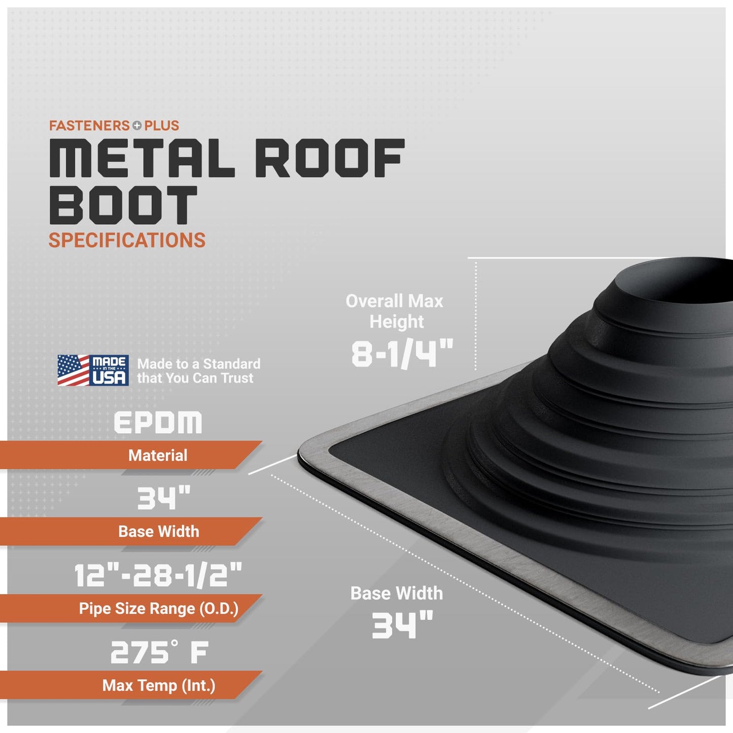 Fasteners Plus Maxi Square EPDM Metal Roof Pipe Flashing Boot (Made in USA), Fits 12” - 28-1/2” Pipe OD, Black Metal Roof Boot for Extra Large Pipes