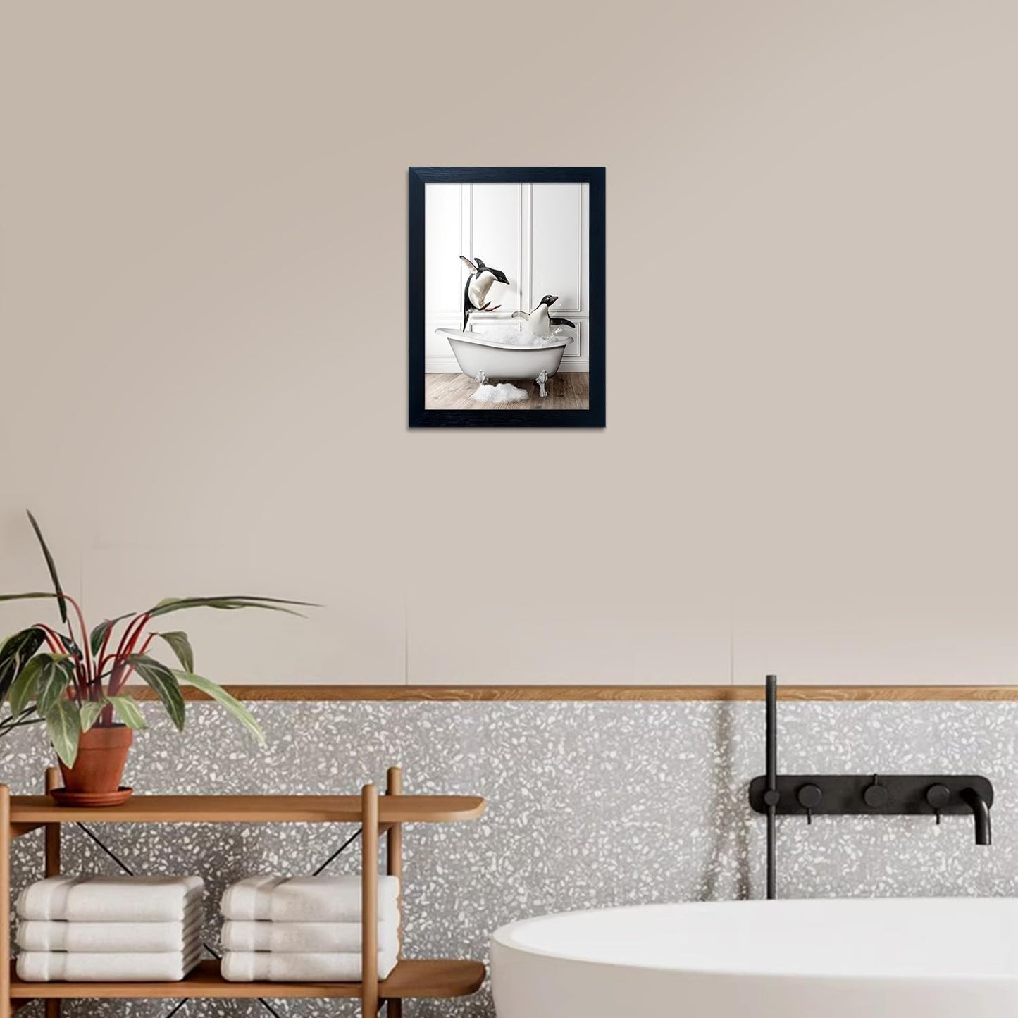 Skiennix Kids Bathroom Wall Art - Cute Penguins in Bathtub Canvas Print | Black & White Decor