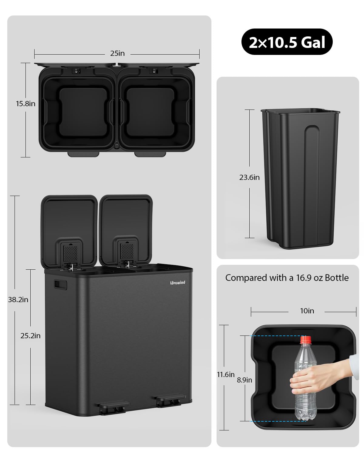 Lovewind Trash Can, 2 x 10.5 Gallon (2 x 40 L) Garbage Can for Kitchen Dual Compartment Recycling Kitchen Step Trash Bin, Stainless Steel Trash and Recycle Bin Combo with Soft-Close Lid, Black