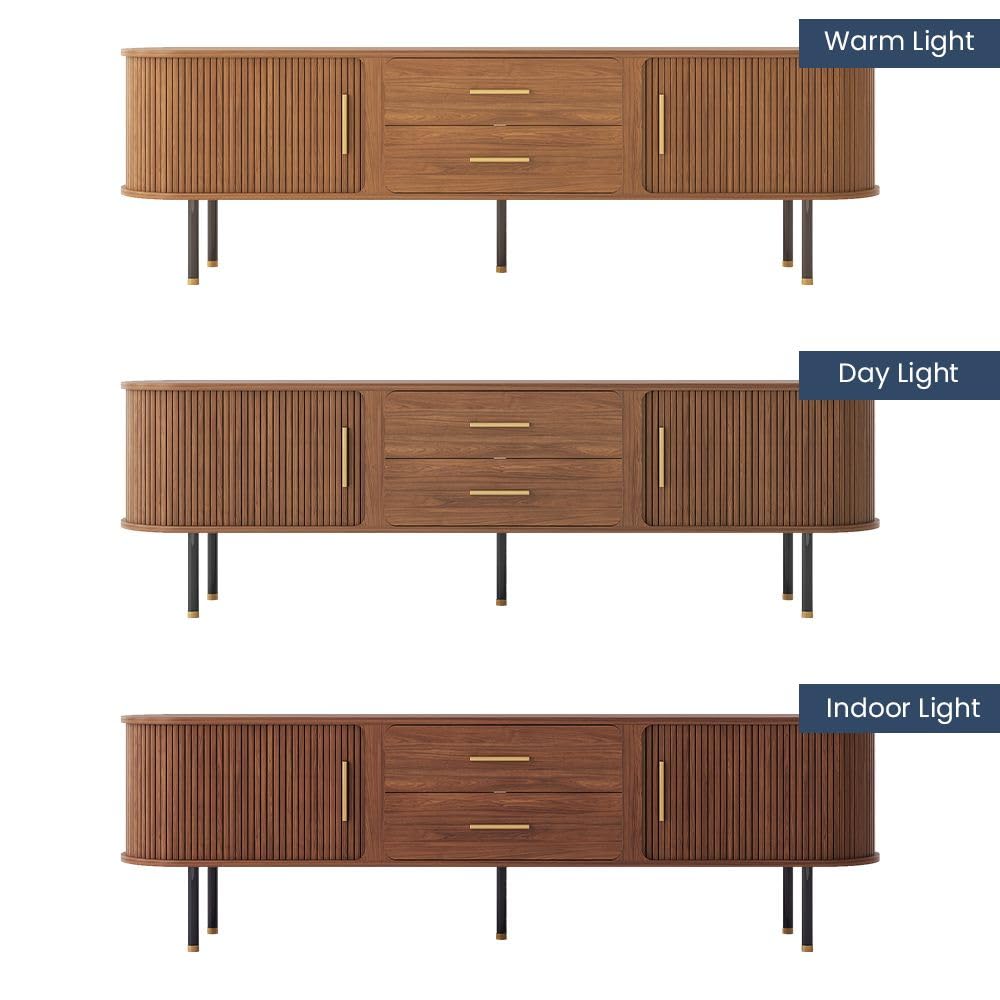 POVISON 78.74" Sliding Tambour Door TV Stand, Fully Assembled Mid Century Modern TV Console, Wood Media Console with Tall-Cast Metal Legs, Entertainment Center with Storage Cabinet for Living Room
