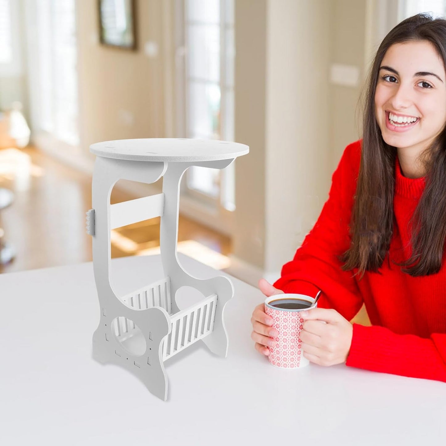 Angoily Small Round Side Table White Plastic Wood Nightstand for Bedroom Living Room Balcony with Storage and Hollow