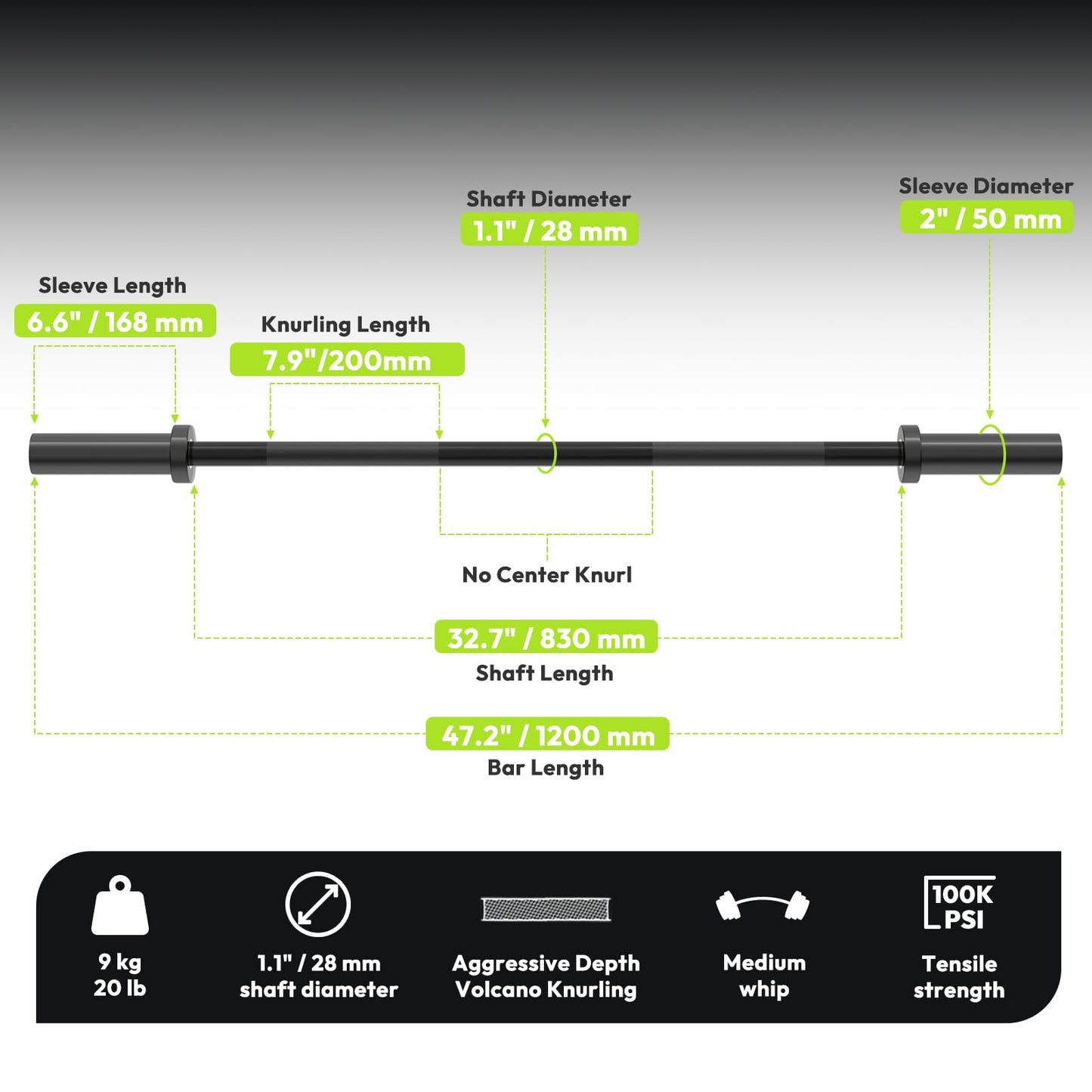 HANDBODE 4 ft Olympic Barbell, 2 Inch Short Weight Bar, 500 lb Capacity with Knurled Grip, Hard Chrome Home Gym Straight Bars for Powerlifting, Bench Press, Deadlift, Squat, Black