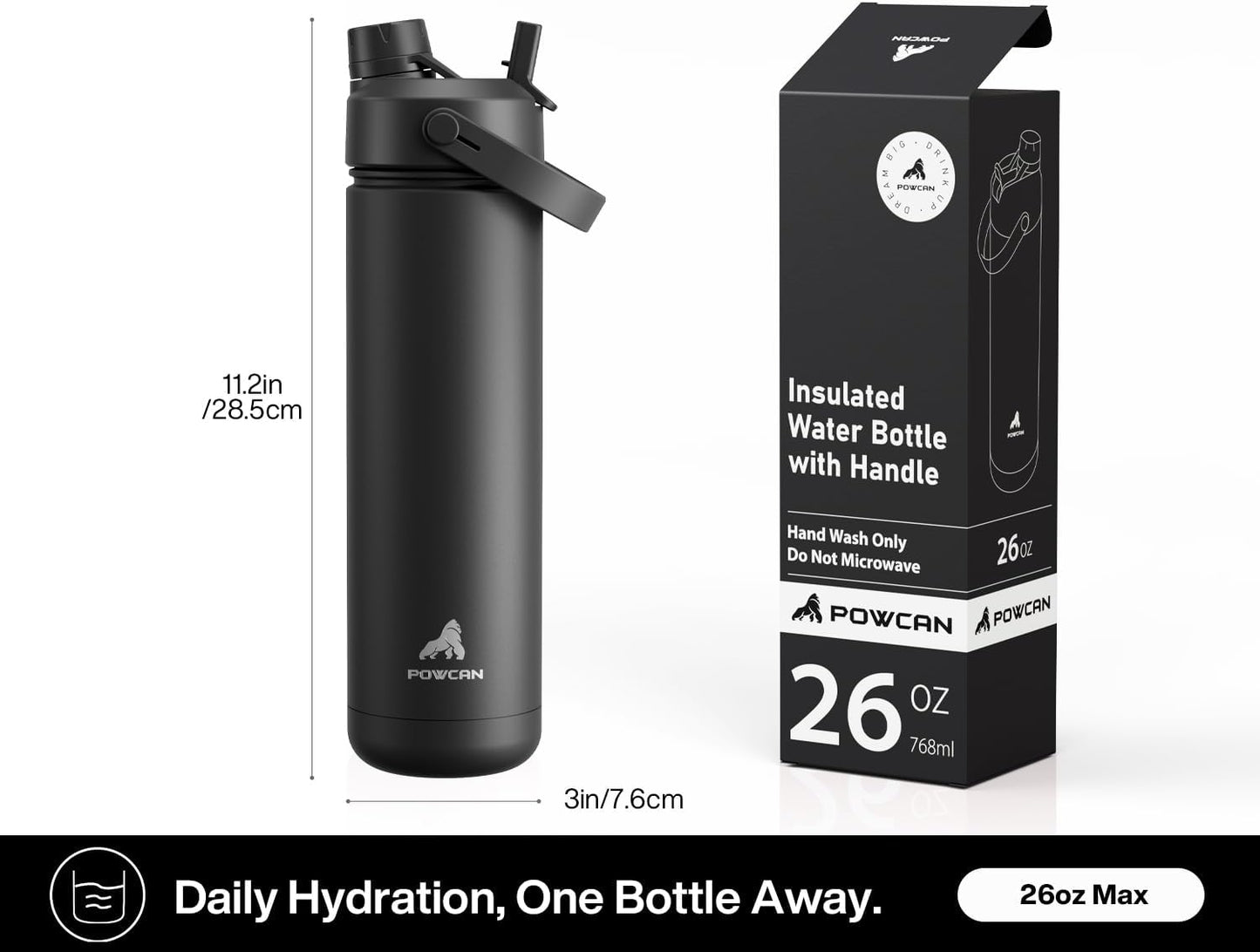 Skiennix 26 oz Insulated Water Bottle - Leakproof Design with Silicone Boot & Straw Lid | Perfect for Sports & Travel (Black)
