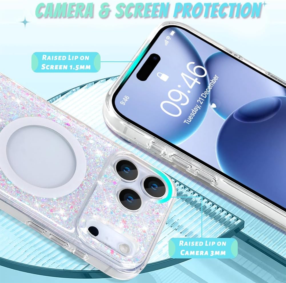 Bonoma 17 2025 for iPhone Pro Max Case Sparkly Glitter Bling Back, Magnetic Support for MagSafe Shockproof, Crystal