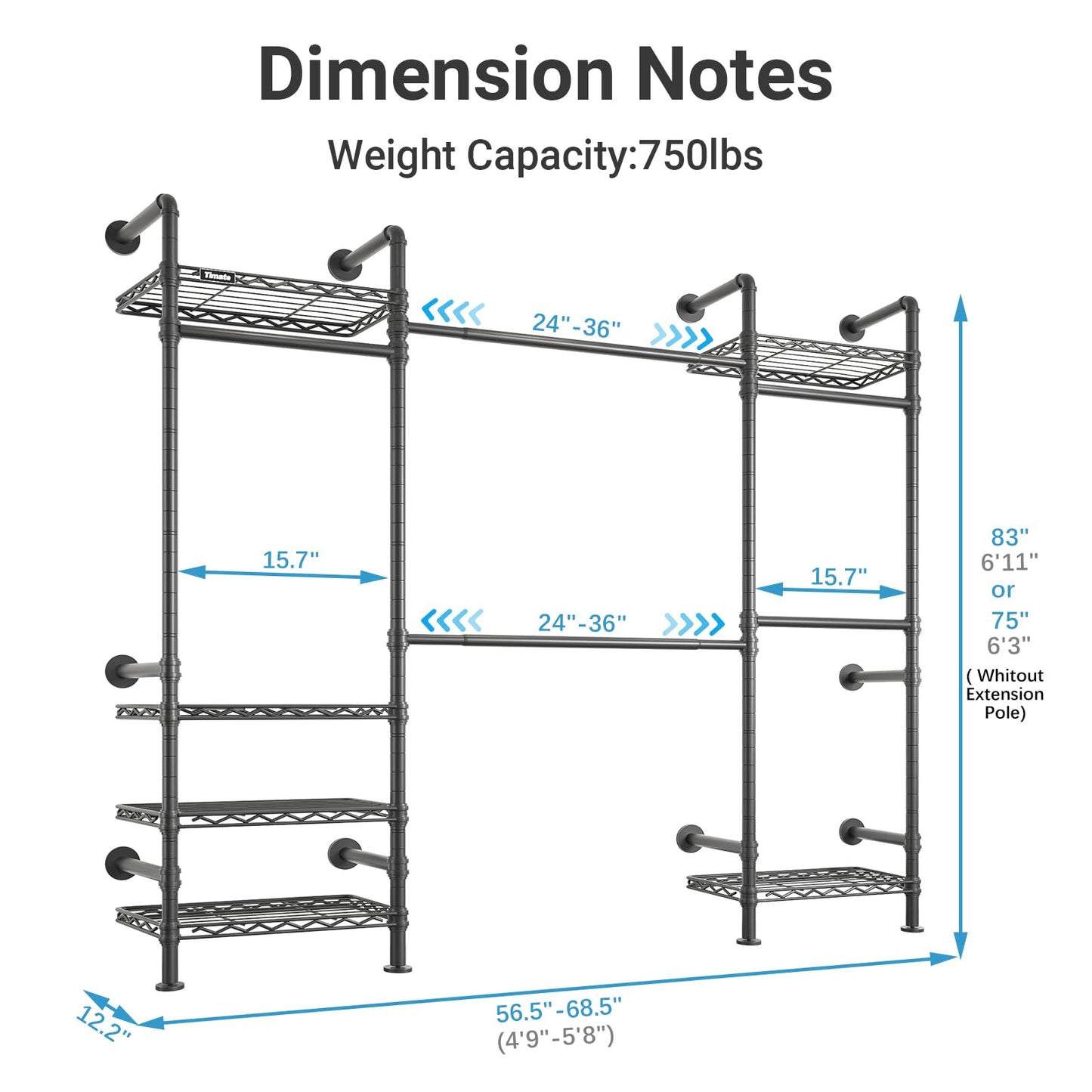 Timate F3 Medium Wall Mounted Clothes rack Expandable Closet, Industrial Pipe Clothing Rack for Hanging Clothes, Heavy Duty Clothes Rack with Shelves, Garment Rack Wall Closet System Black Pipe Closet