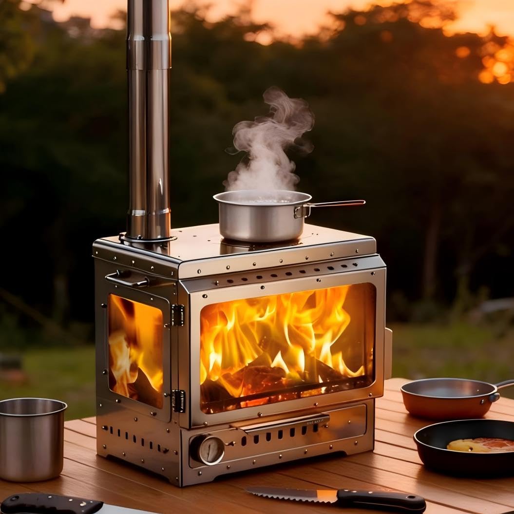 Outdoor Camping Wood Burning Stove,Hot Tent Stove,Stainless Steel,Chimney,Three Sided Heat Resistant Glass,for Camping Heating and Cooking