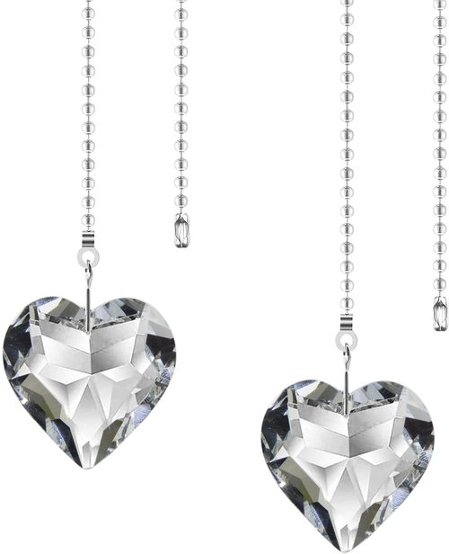 Hyamass Ceiling Fan Pull Chain Extender - 2 Pack 12 Inches Decorative Crystal Heart Prism Pendants with Ball Chain Connectors for Fan Light Chains (Replacement Pull Chains) (Clear)